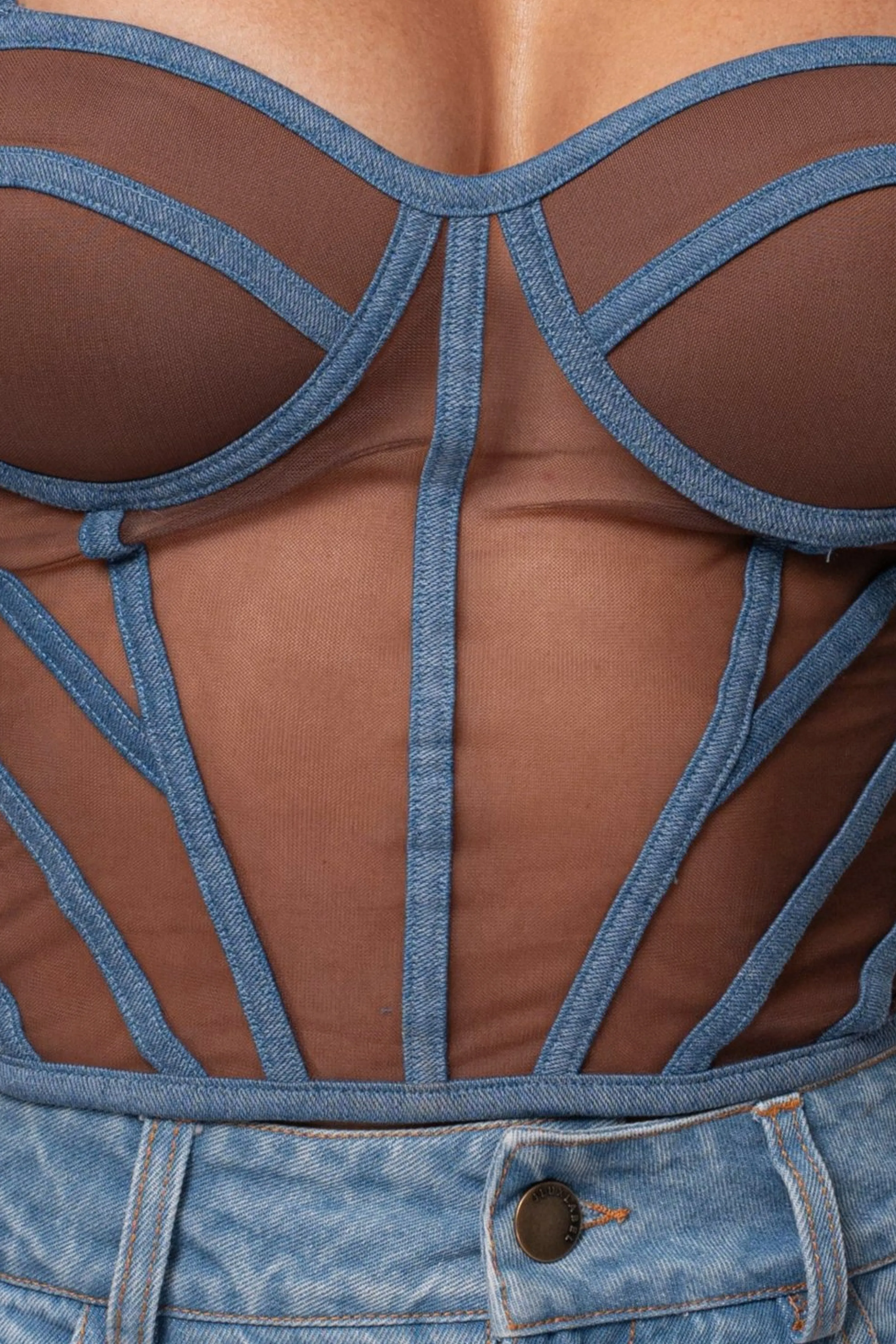 Dark Denim Illusion Mesh Bustier