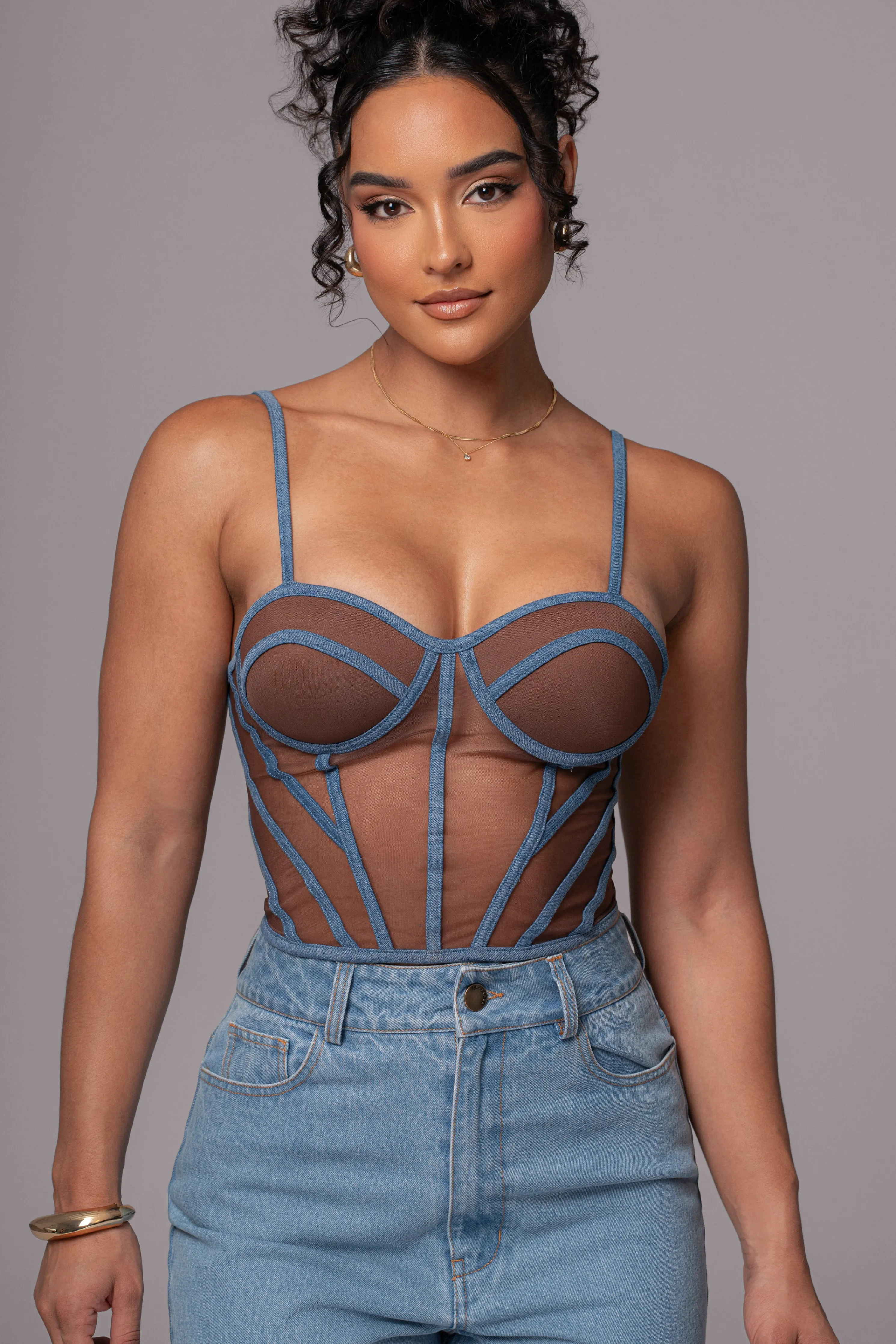 Dark Denim Illusion Mesh Bustier