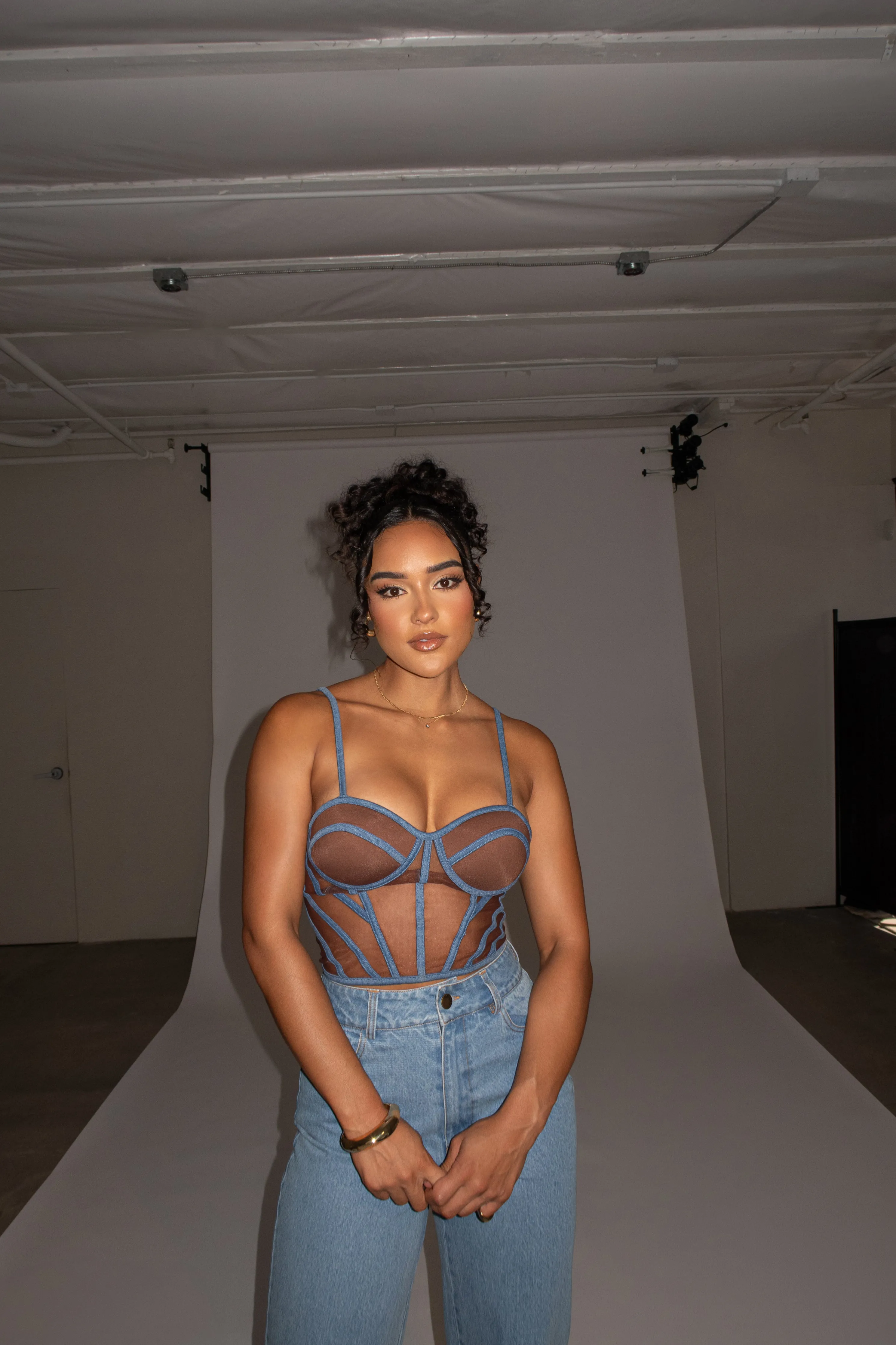 Dark Denim Illusion Mesh Bustier