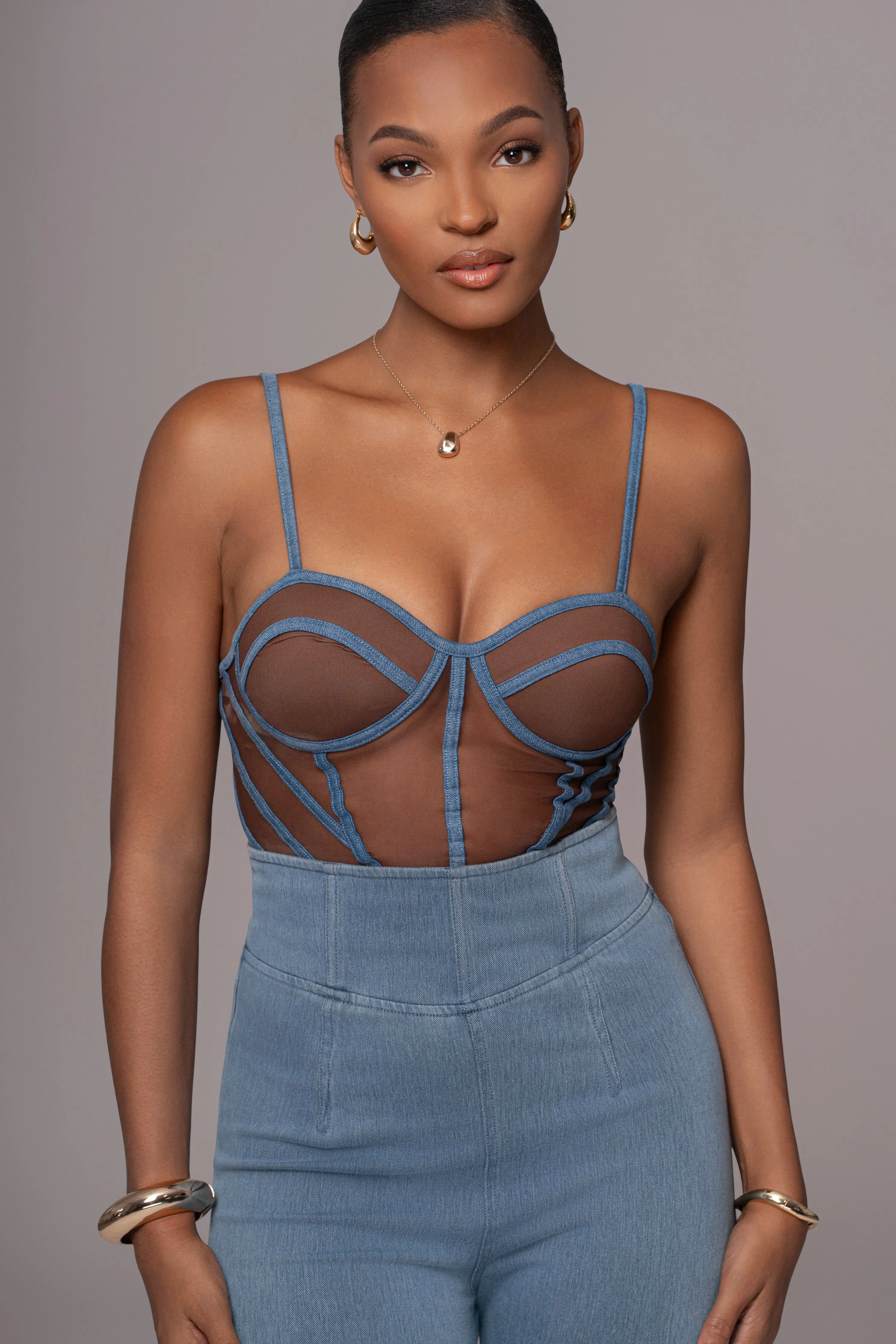 Dark Denim Illusion Mesh Bustier
