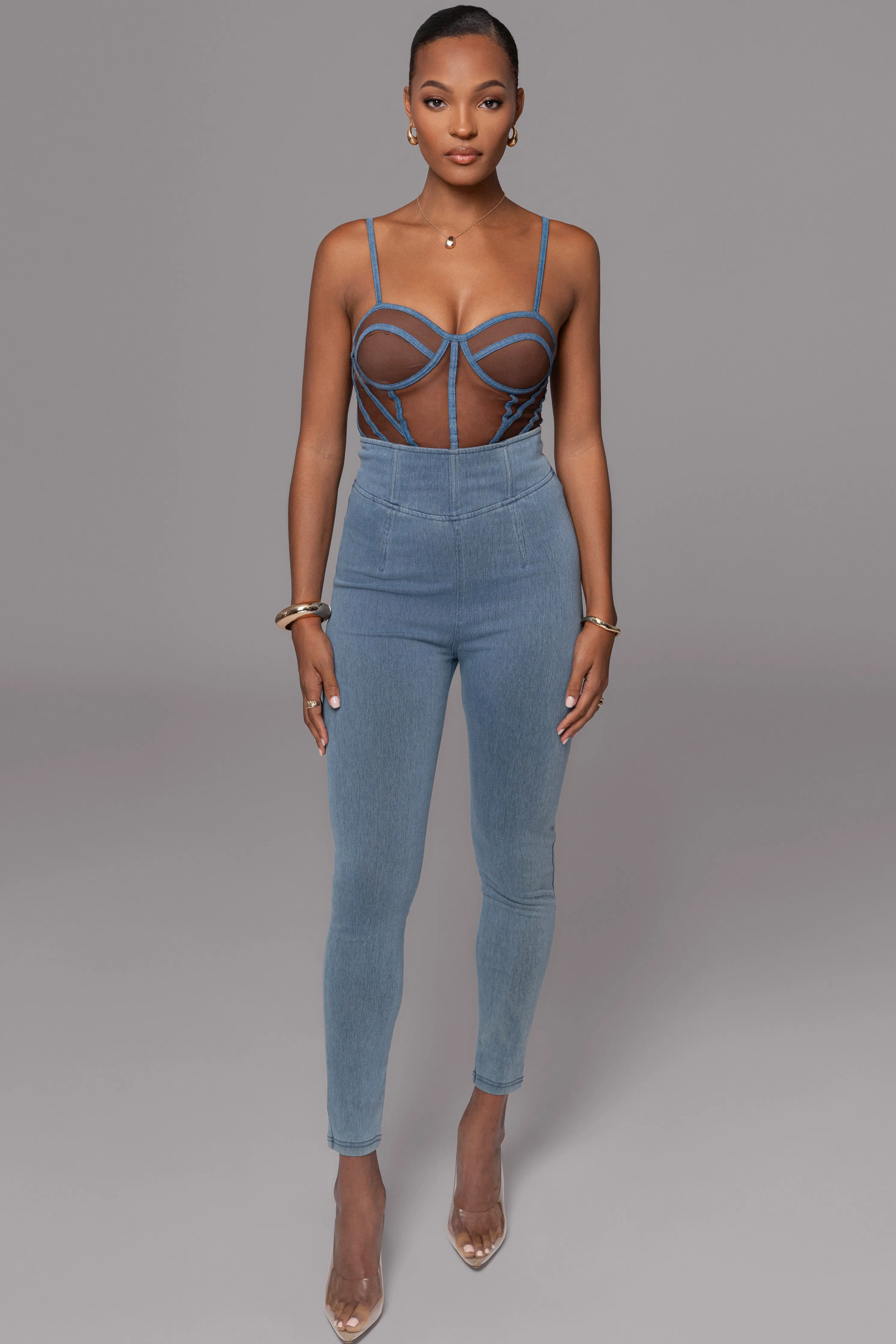 Dark Denim Illusion Mesh Bustier
