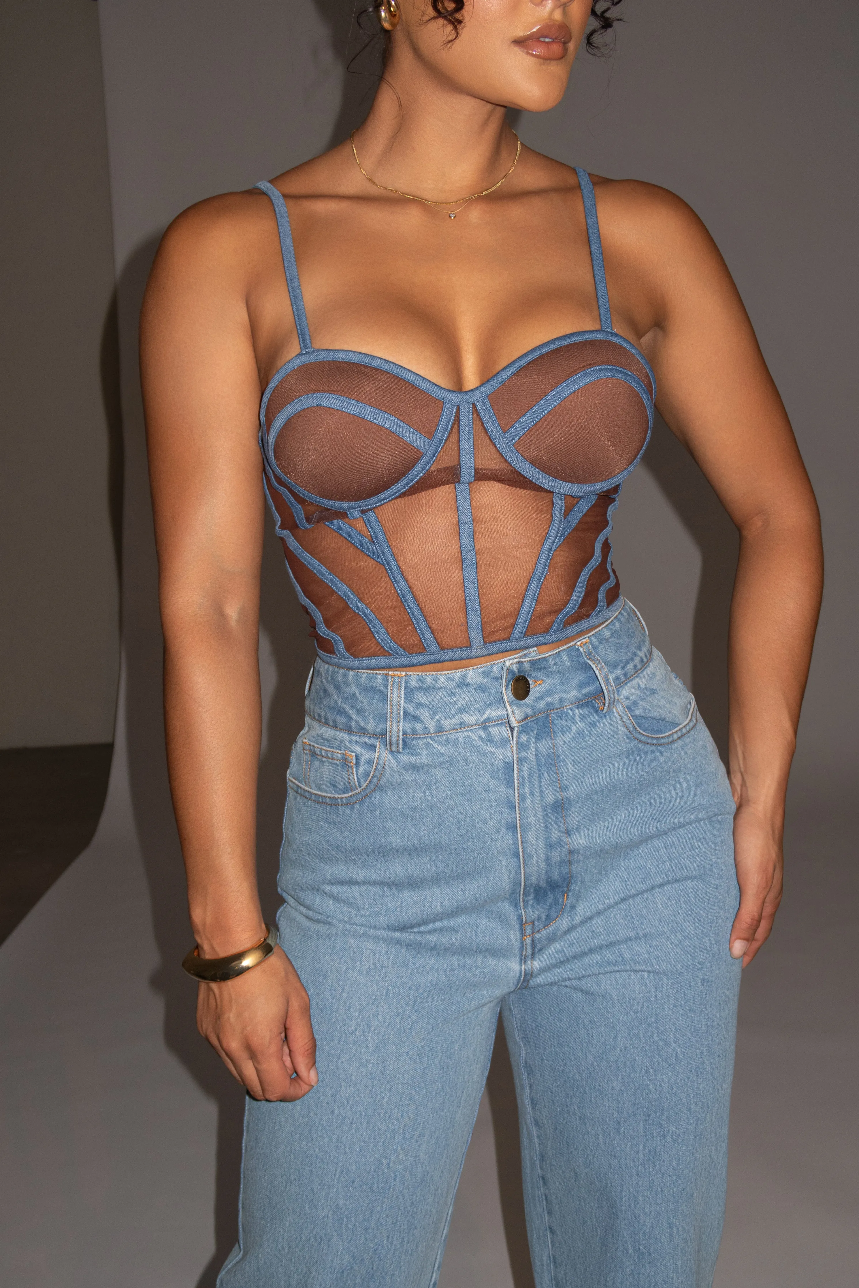 Dark Denim Illusion Mesh Bustier