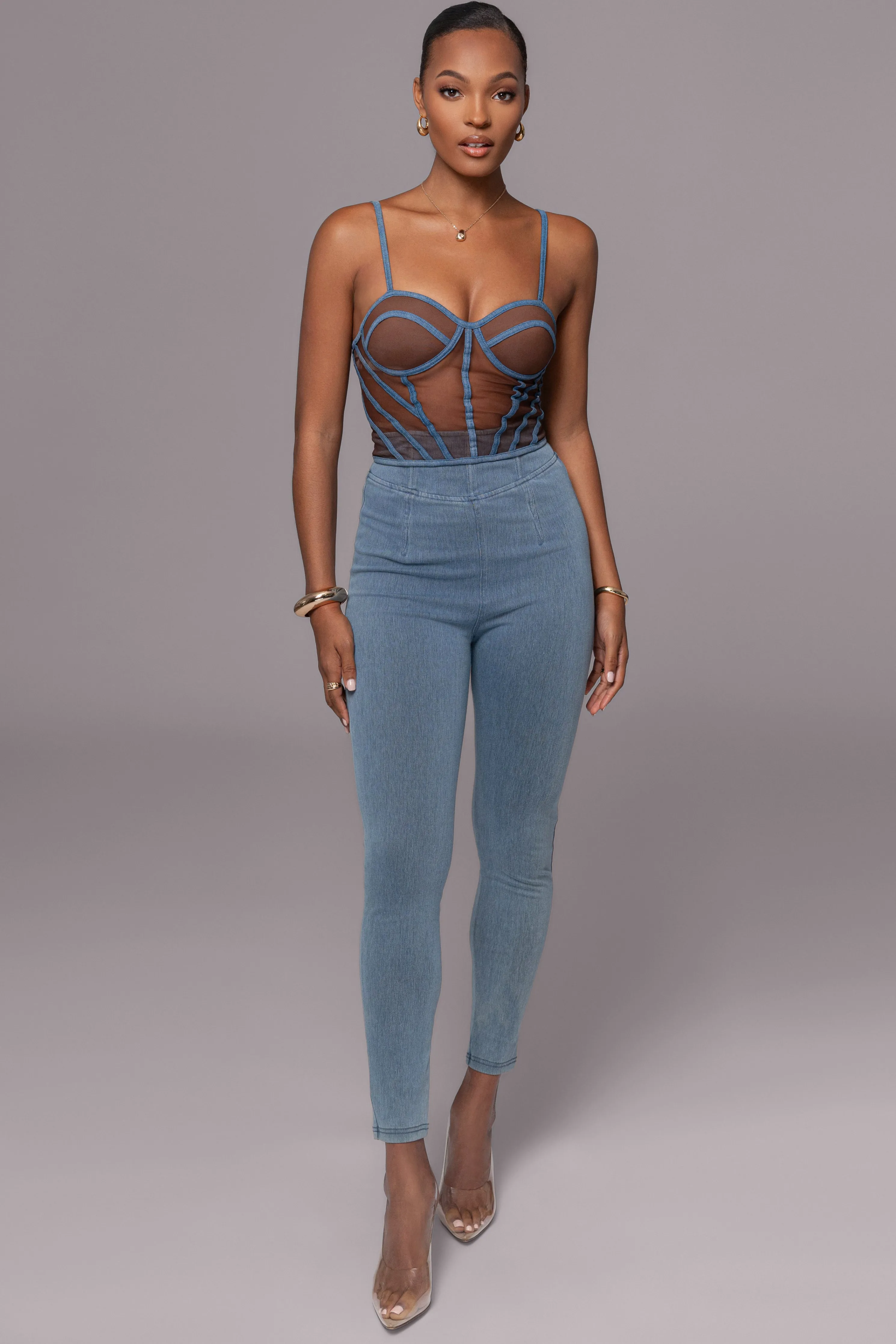 Dark Denim Illusion Mesh Bustier
