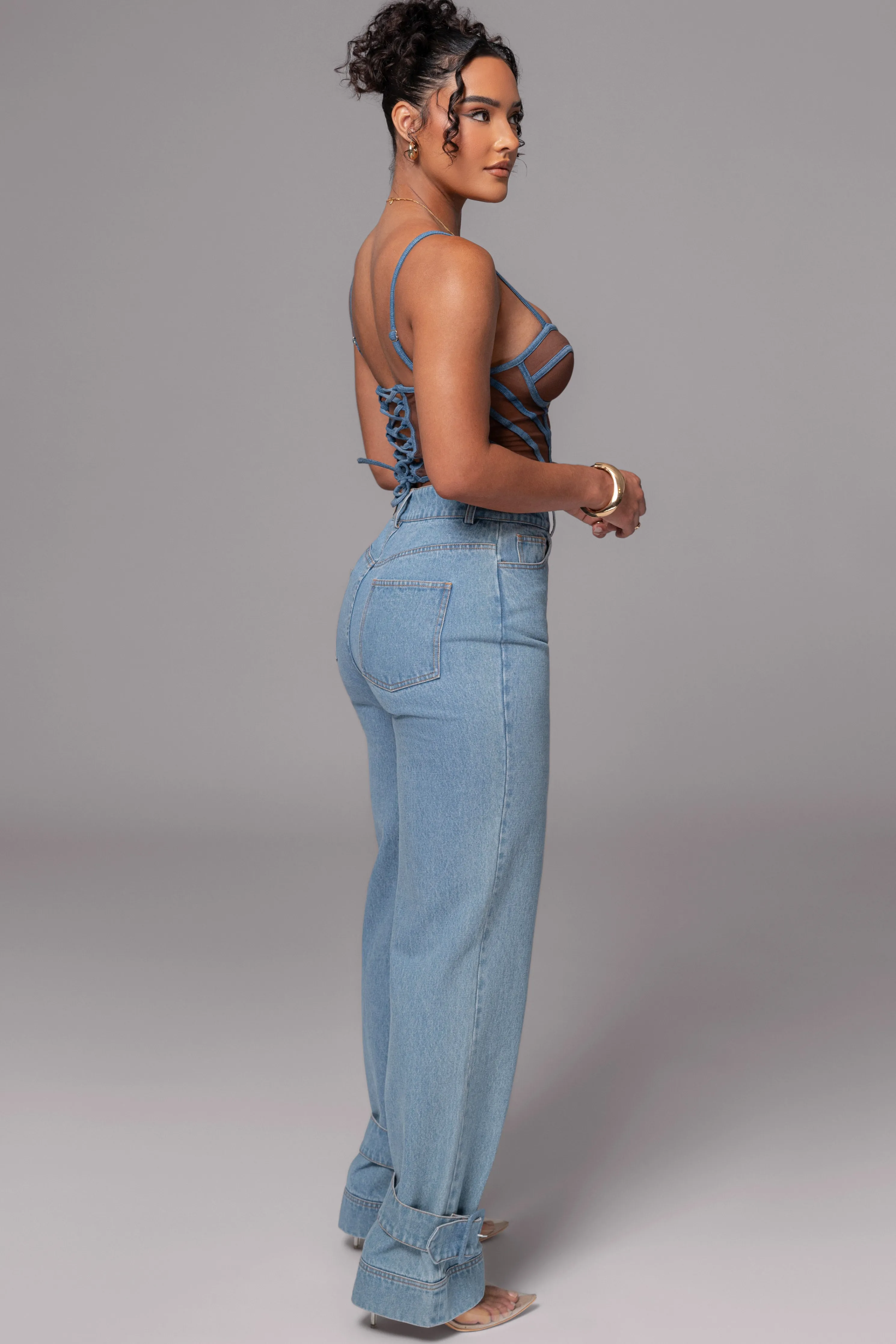 Dark Denim Illusion Mesh Bustier