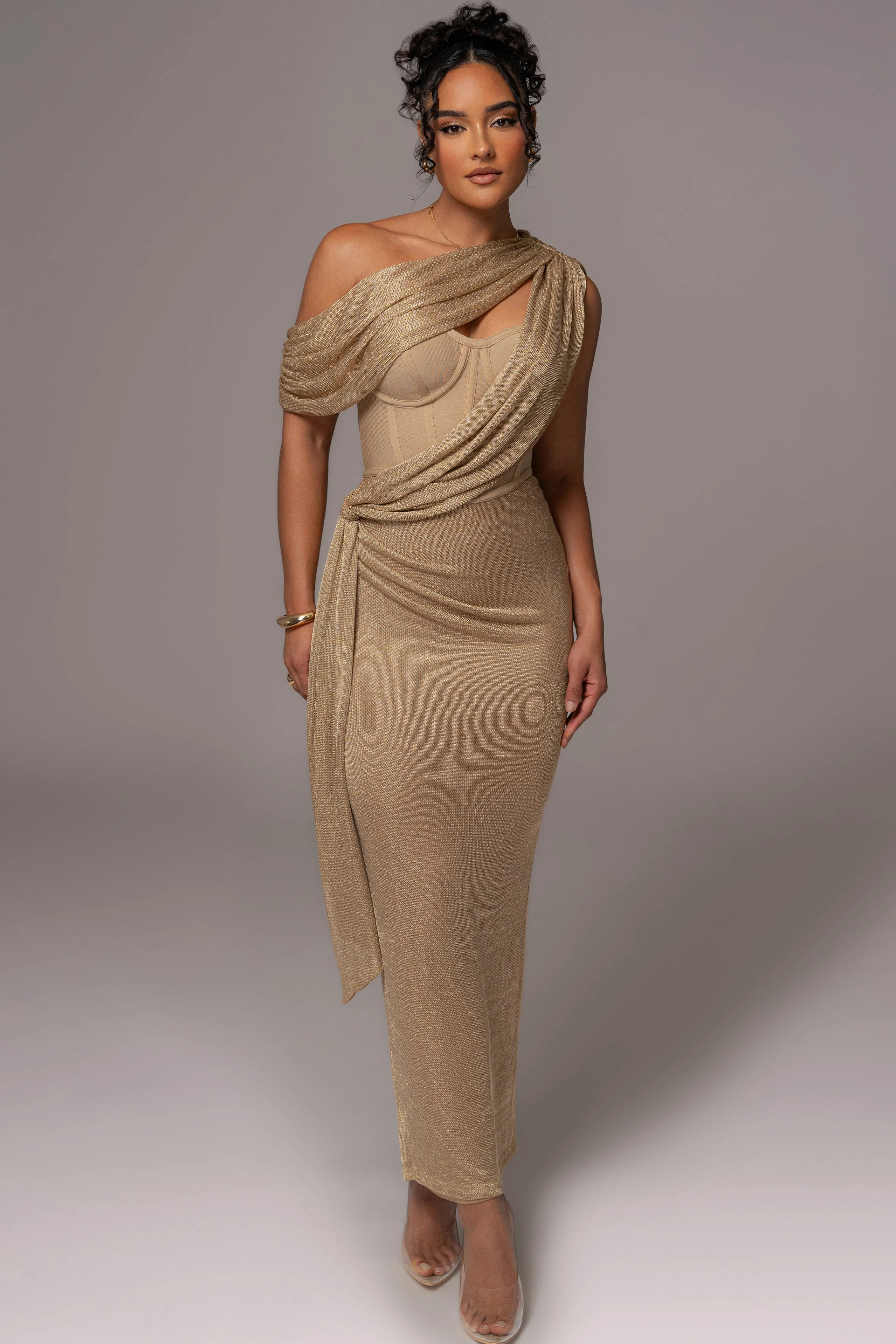 Gold Metallic Celestina Draped Maxi Dress