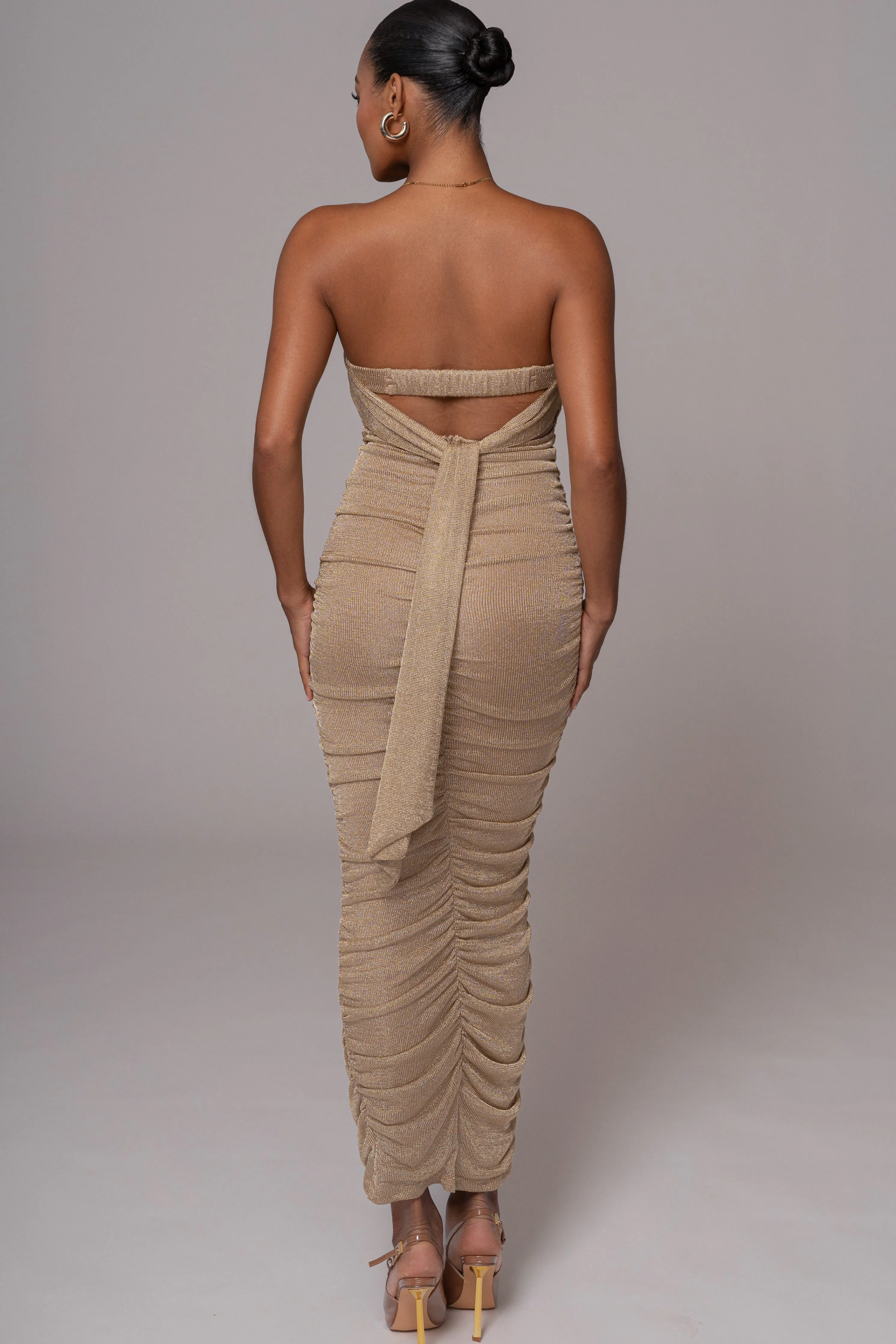Gold Ruched Metallic Maxi Dress