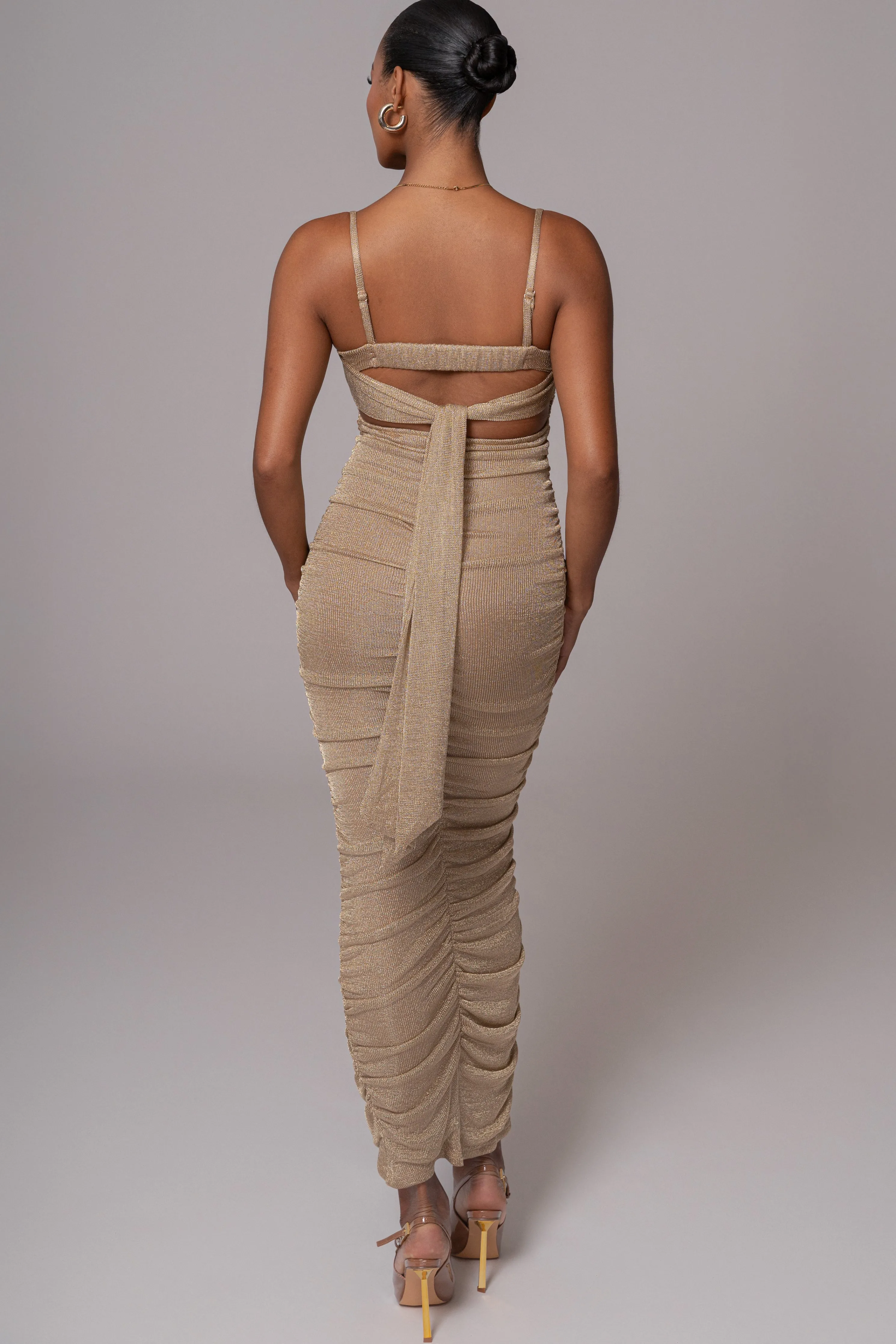 Gold Ruched Metallic Maxi Dress