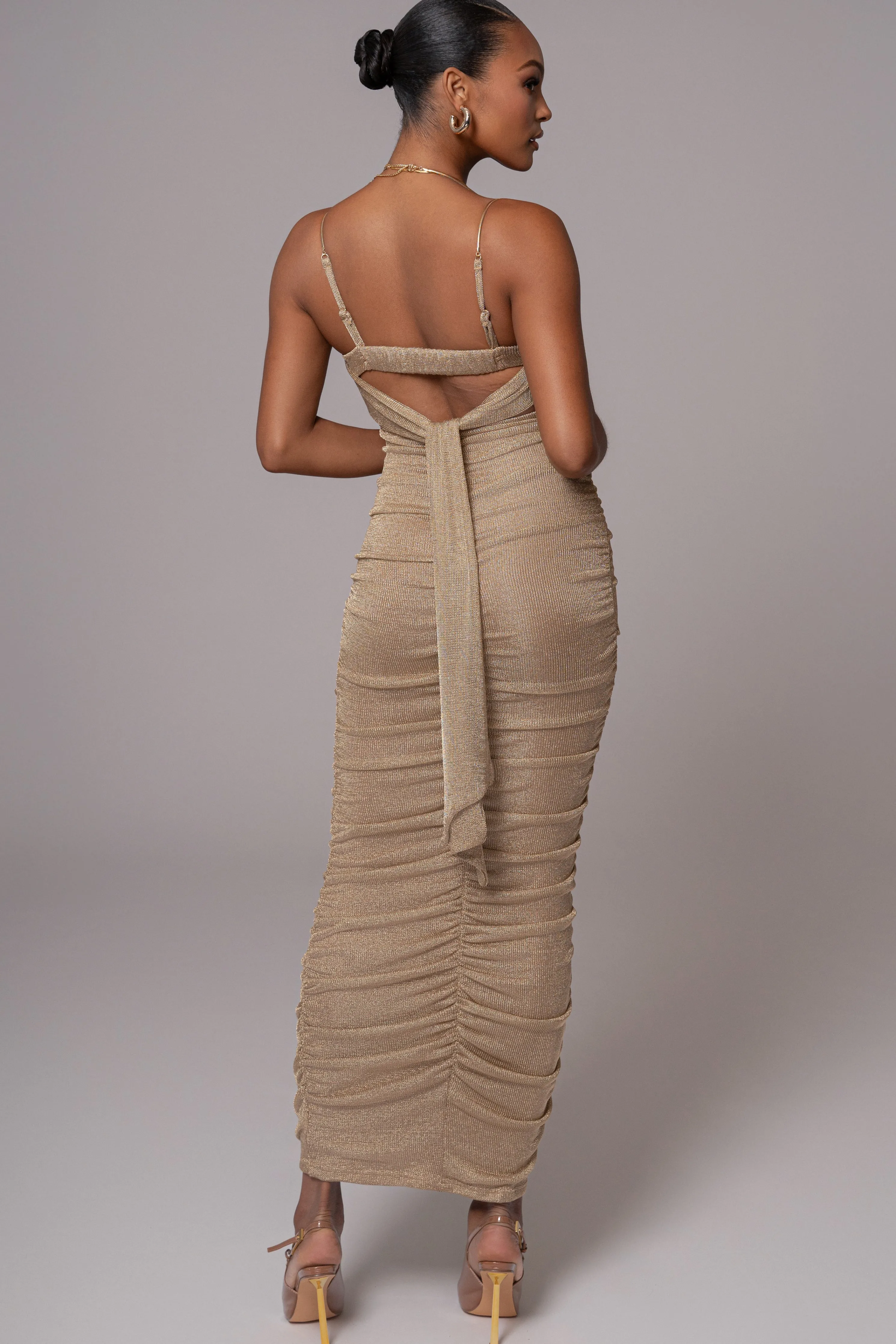 Gold Ruched Metallic Maxi Dress
