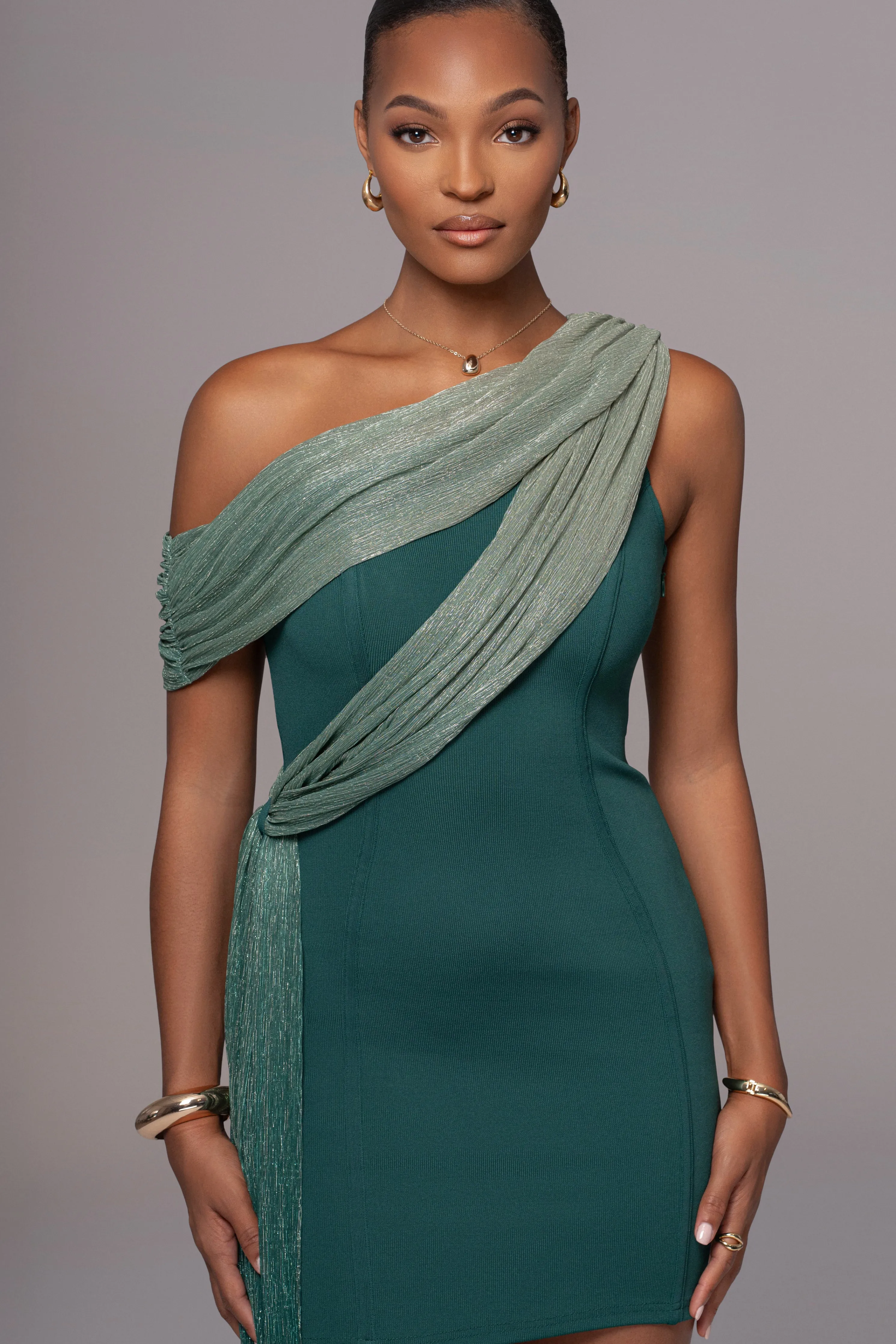 Green Asymmetric Drape Mini Dress