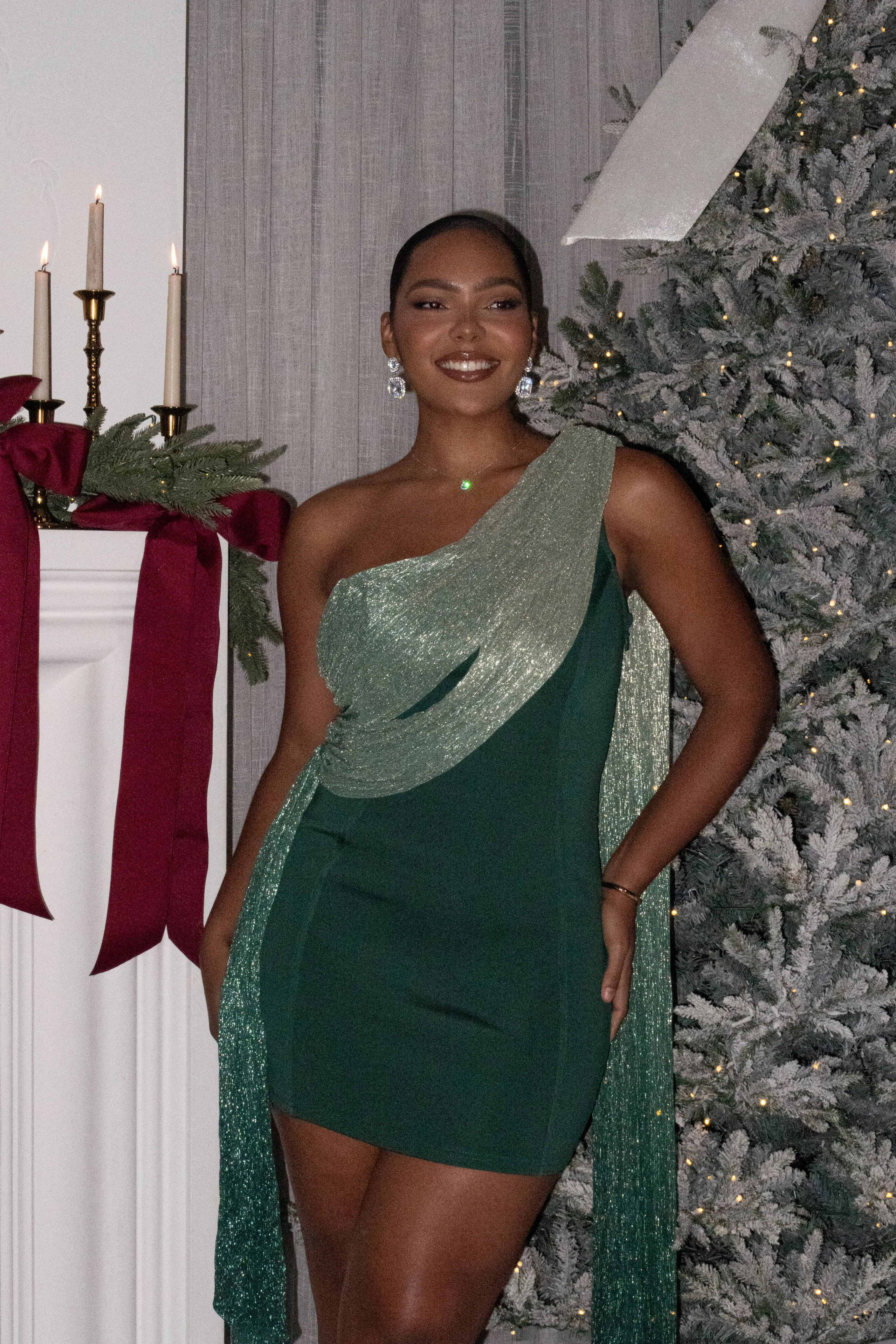 Green Asymmetric Drape Mini Dress