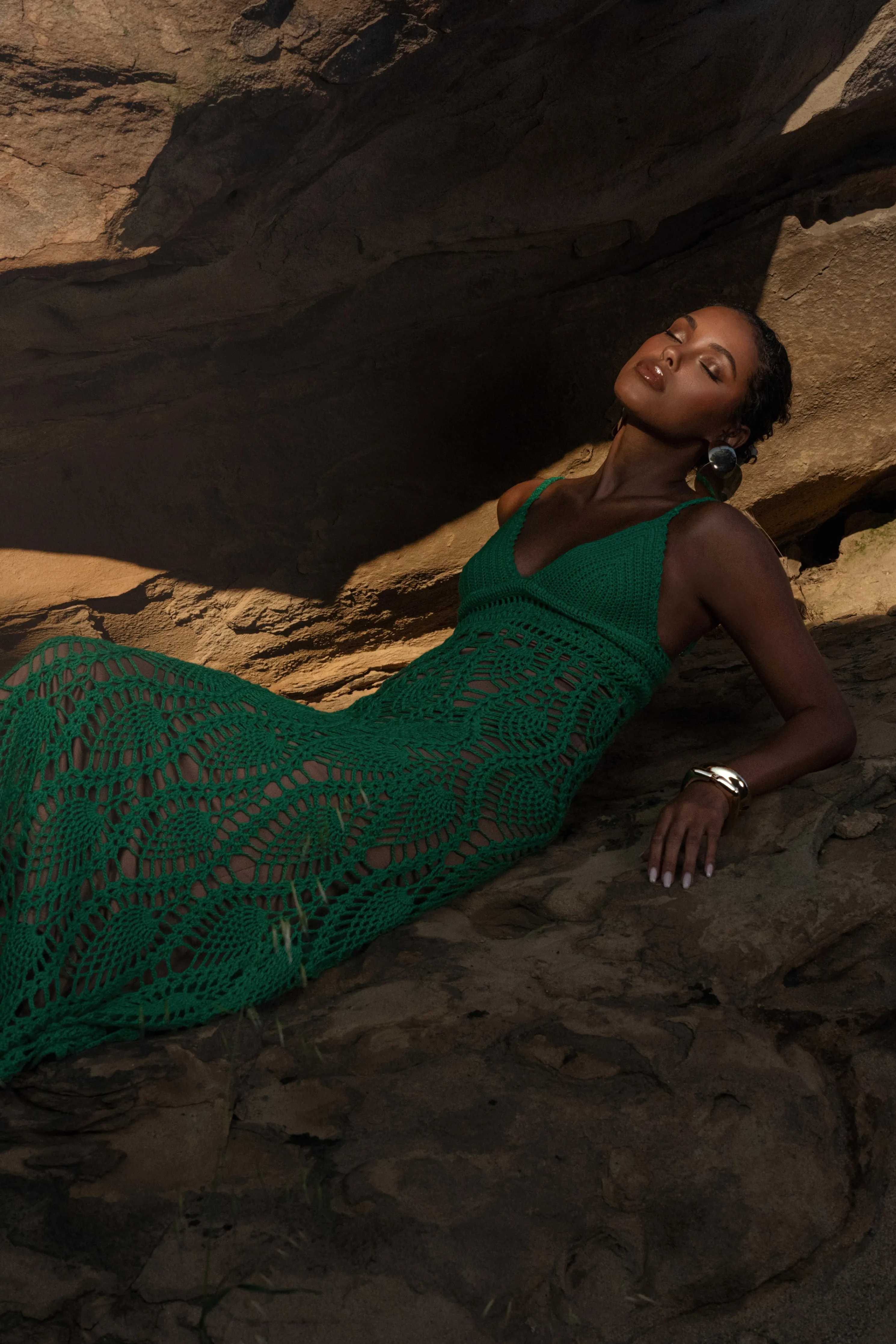 Green Great Escape Crochet Maxi Dress