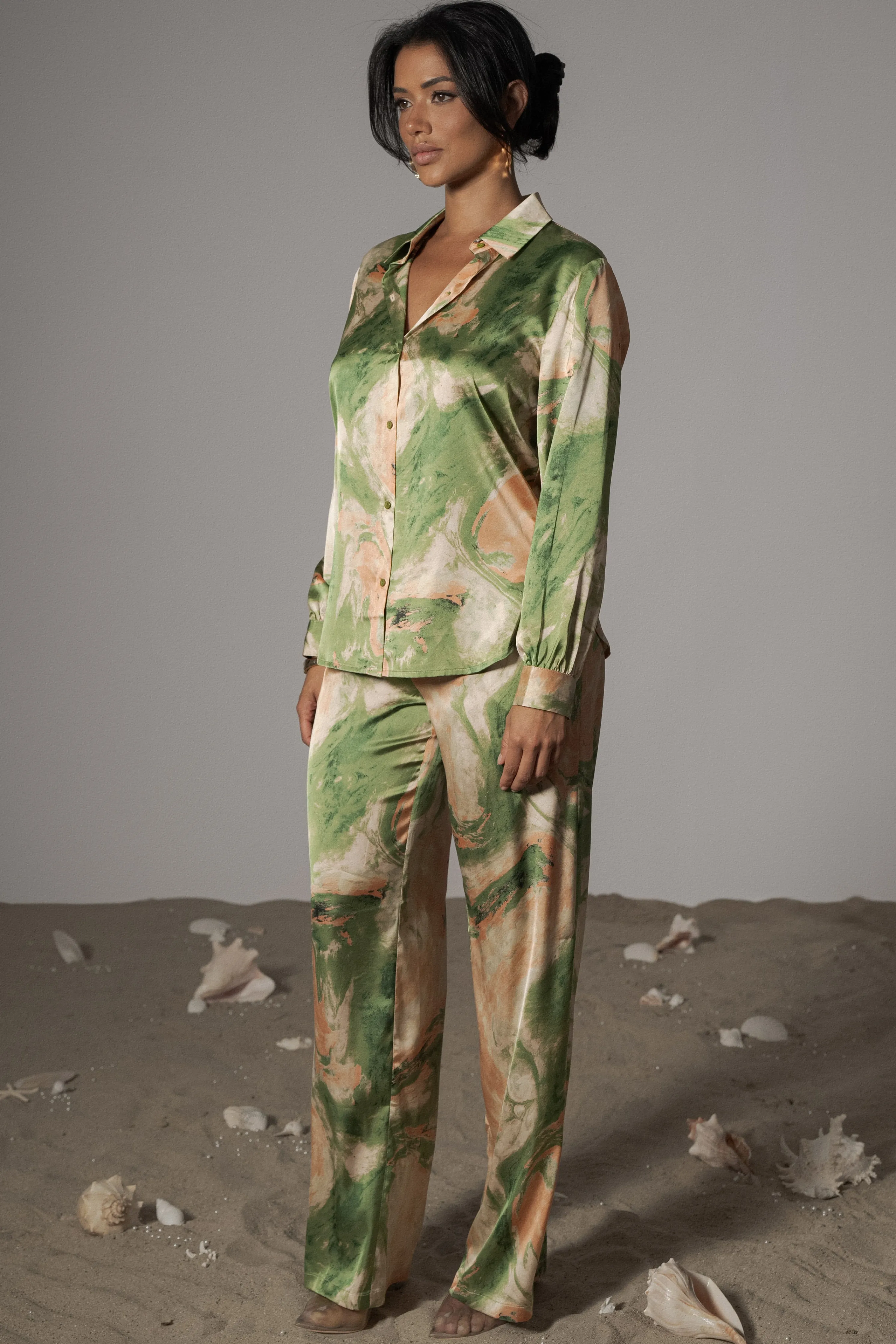 Green Hidden Gems Satin Pant Set