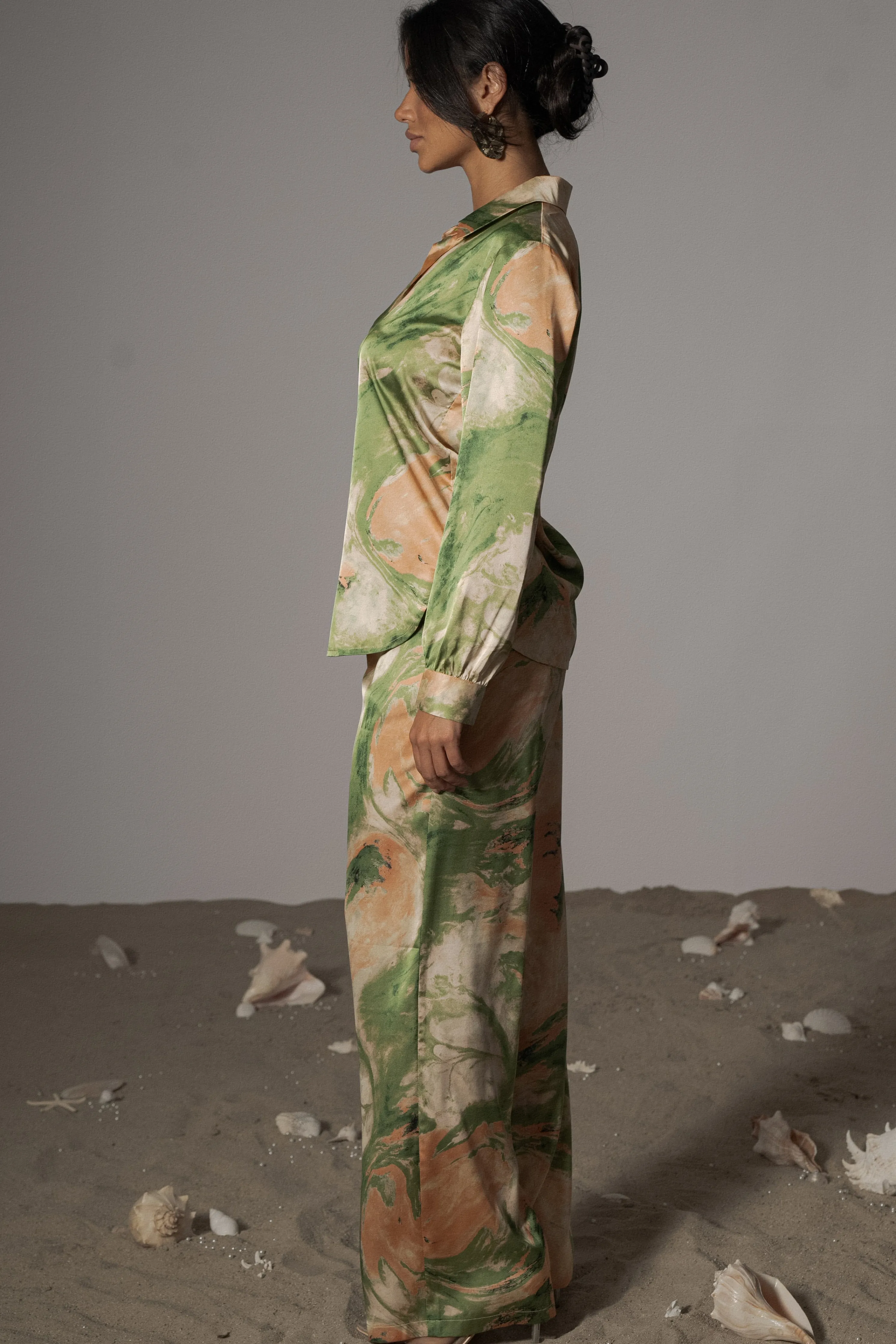 Green Hidden Gems Satin Pant Set