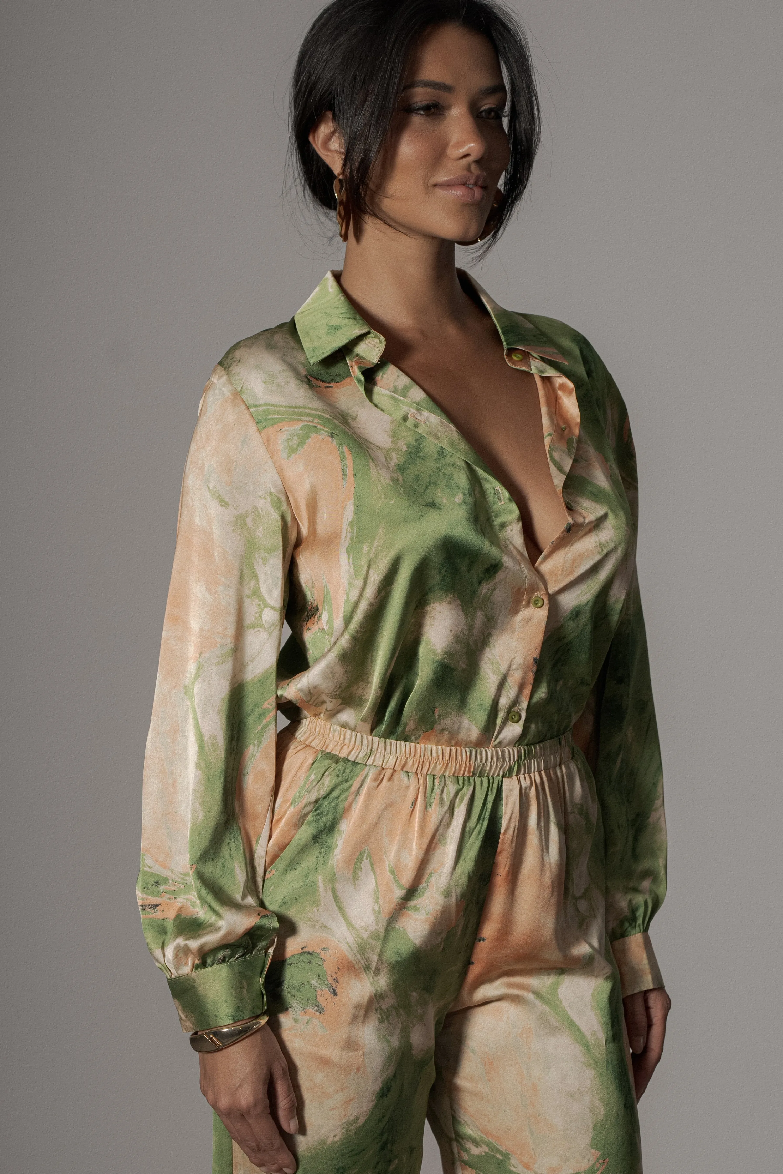 Green Hidden Gems Satin Pant Set