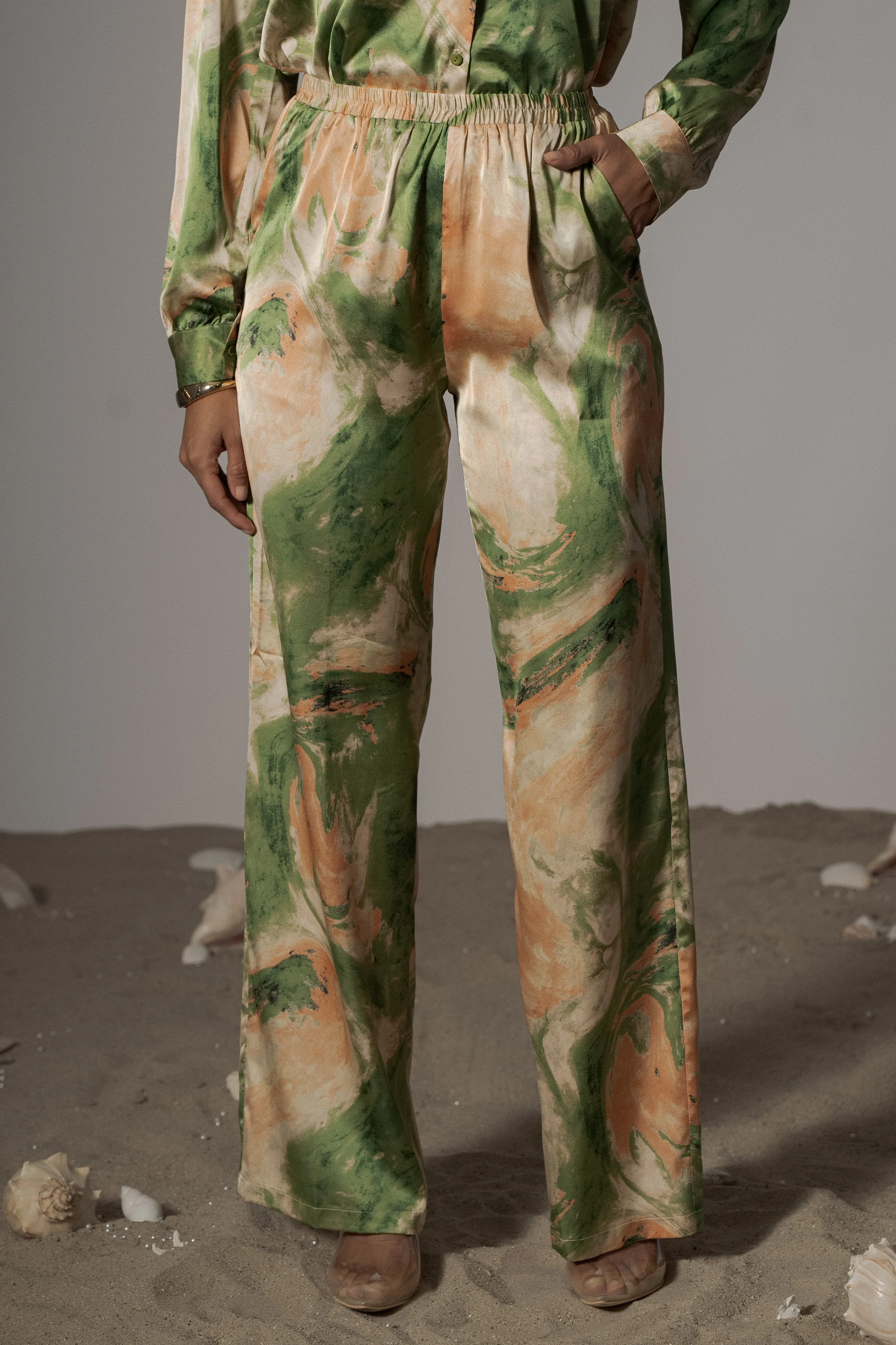 Green Hidden Gems Satin Pant Set
