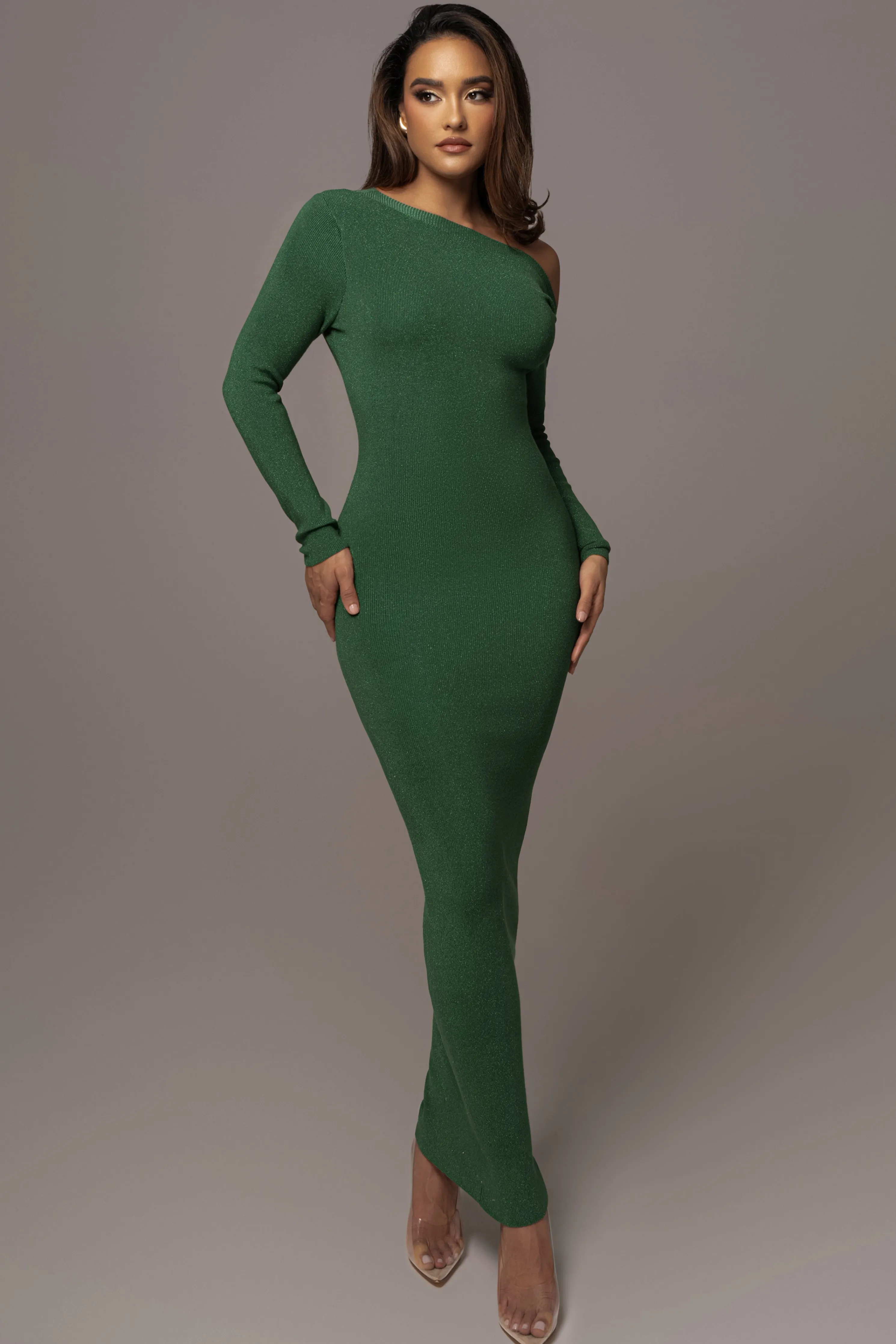 Green Night Shimmers Asymmetrical Maxi Dress