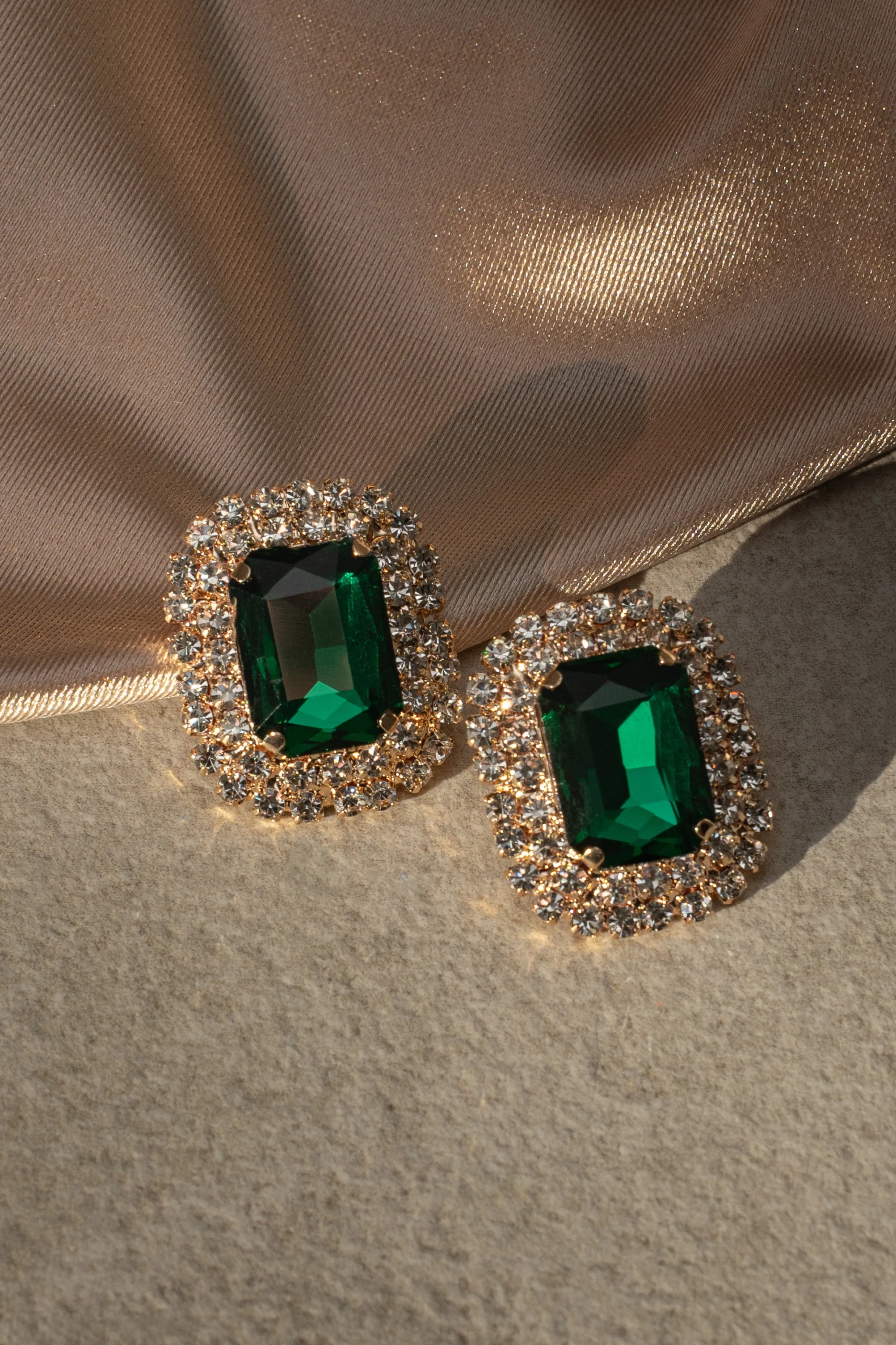 Green Octagon Rhinestone Earrings