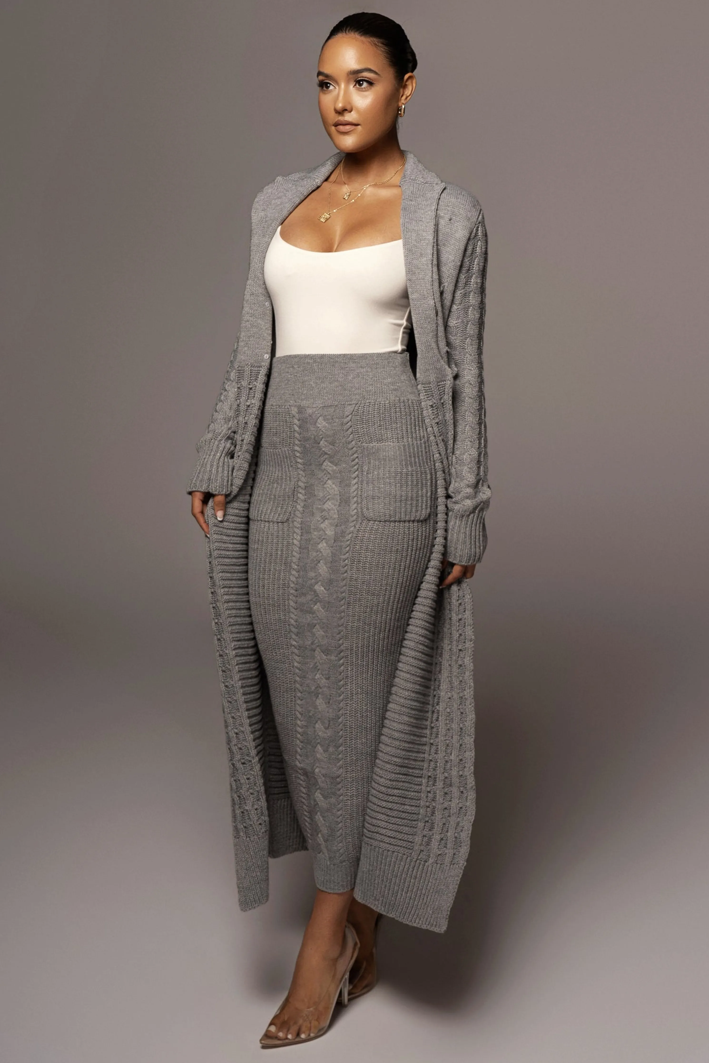 Grey Missy Cable Sweater Midi Skirt
