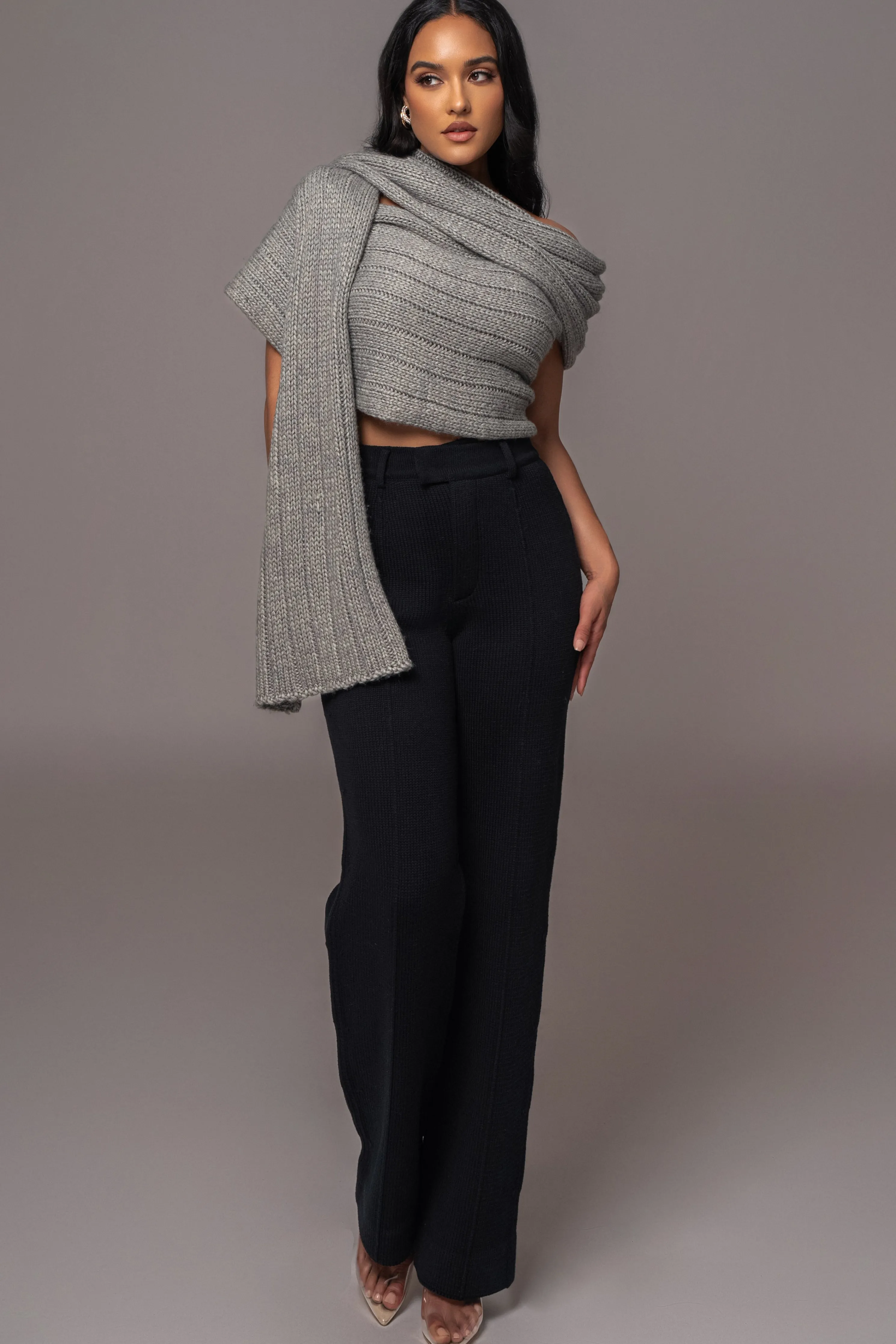 Grey Soft Life Cable Knit Sweater Top
