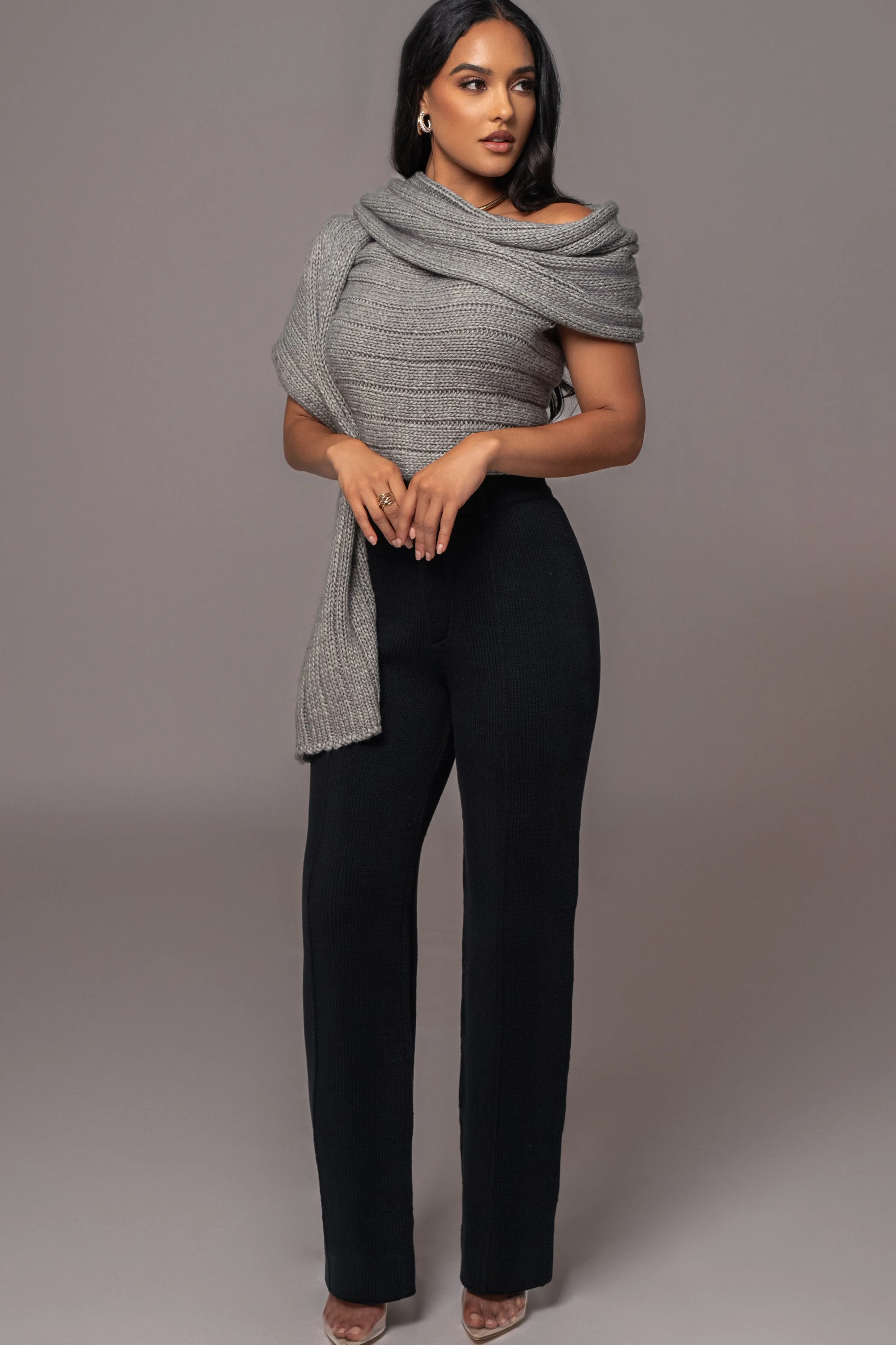 Grey Soft Life Cable Knit Sweater Top