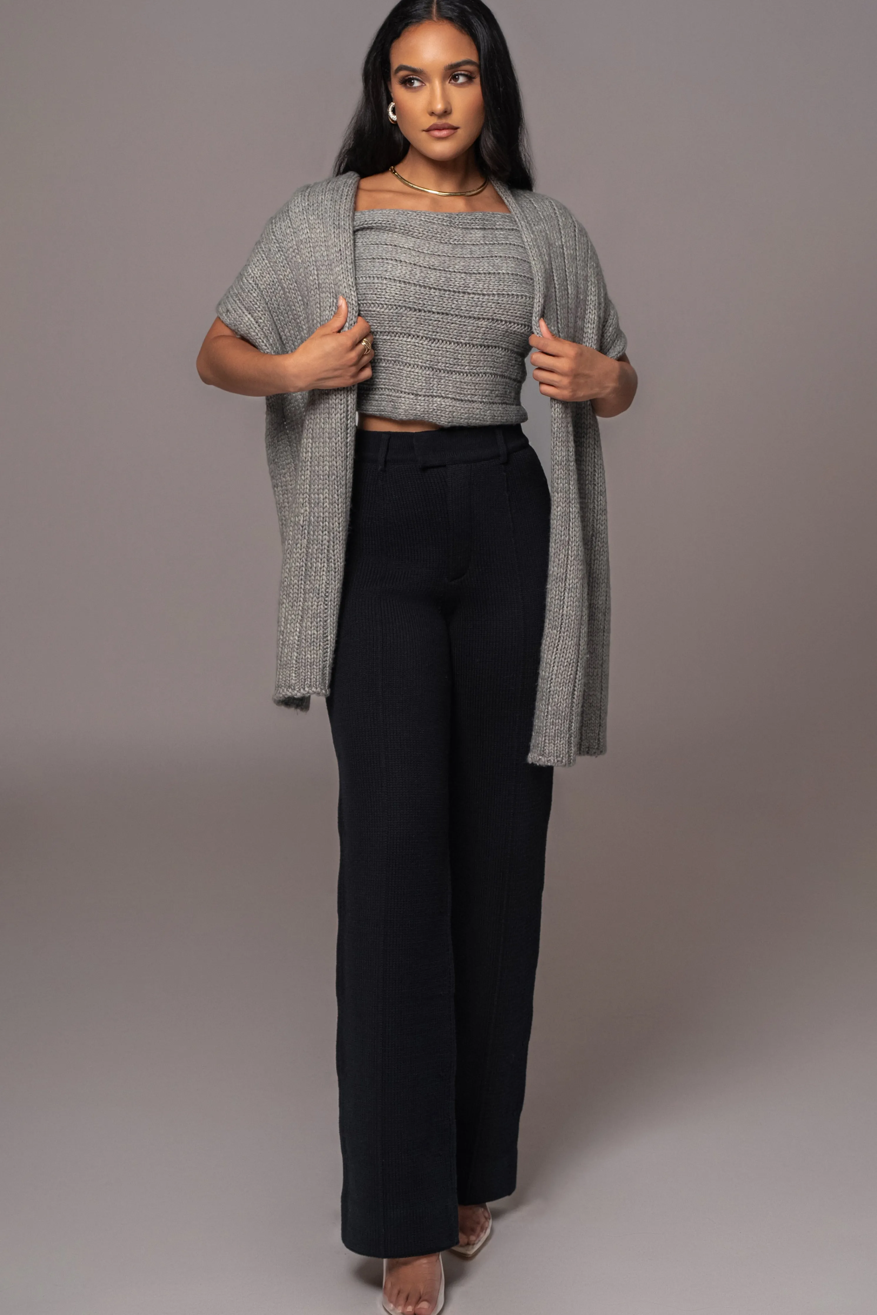 Grey Soft Life Cable Knit Sweater Top