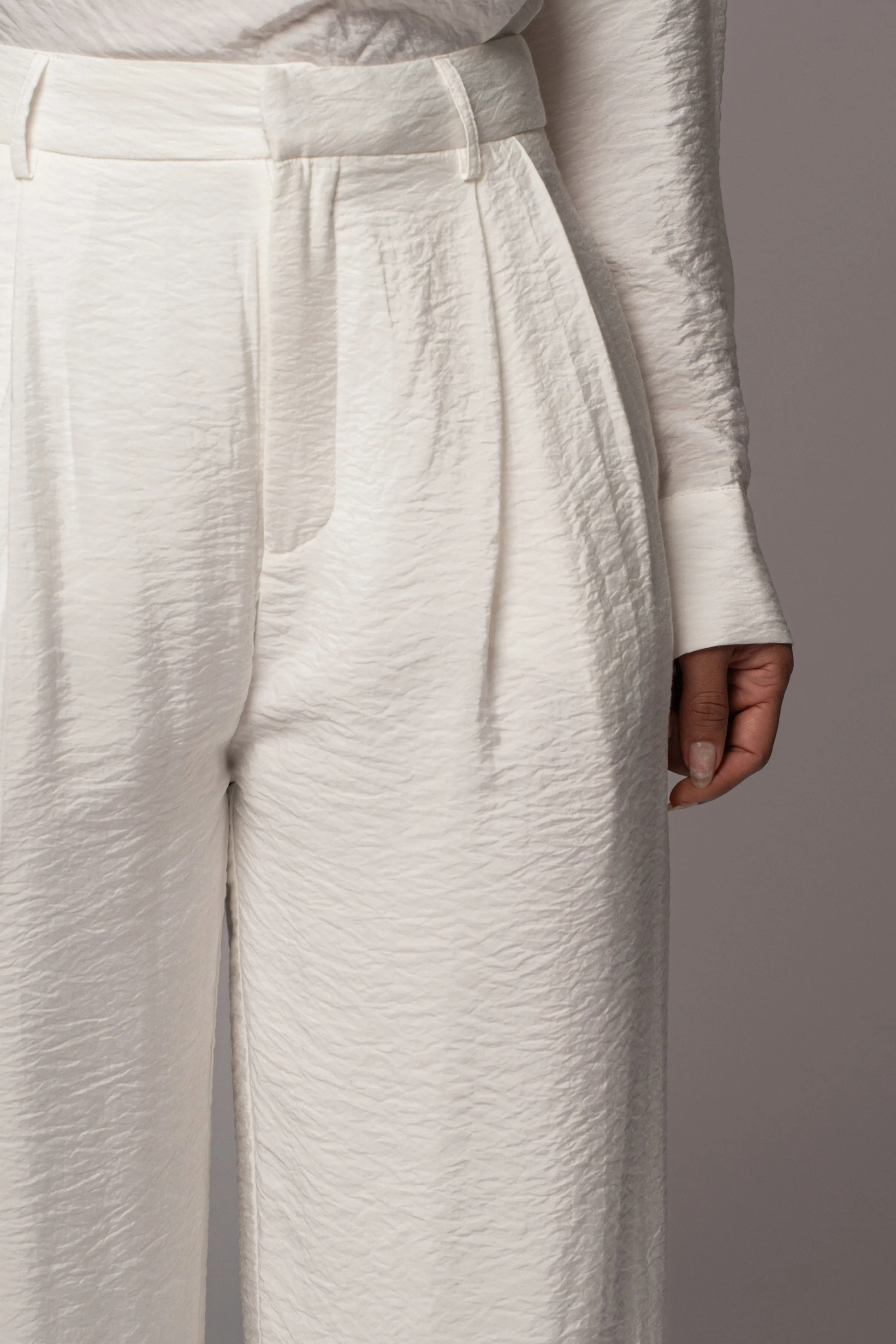 Ivory Drew Crinkled Trousers