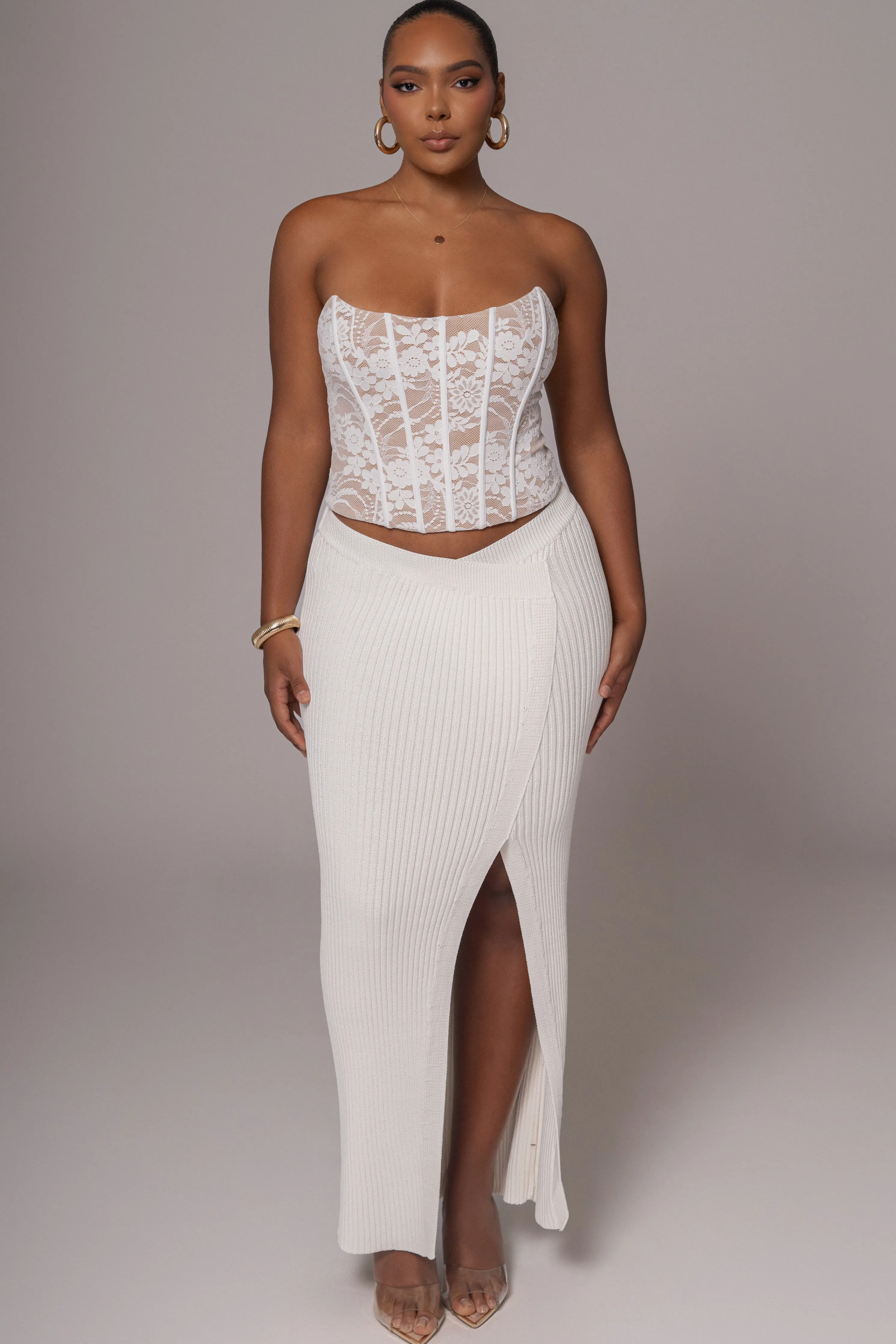 Ivory Hamptons Ribbed Slit Skirt