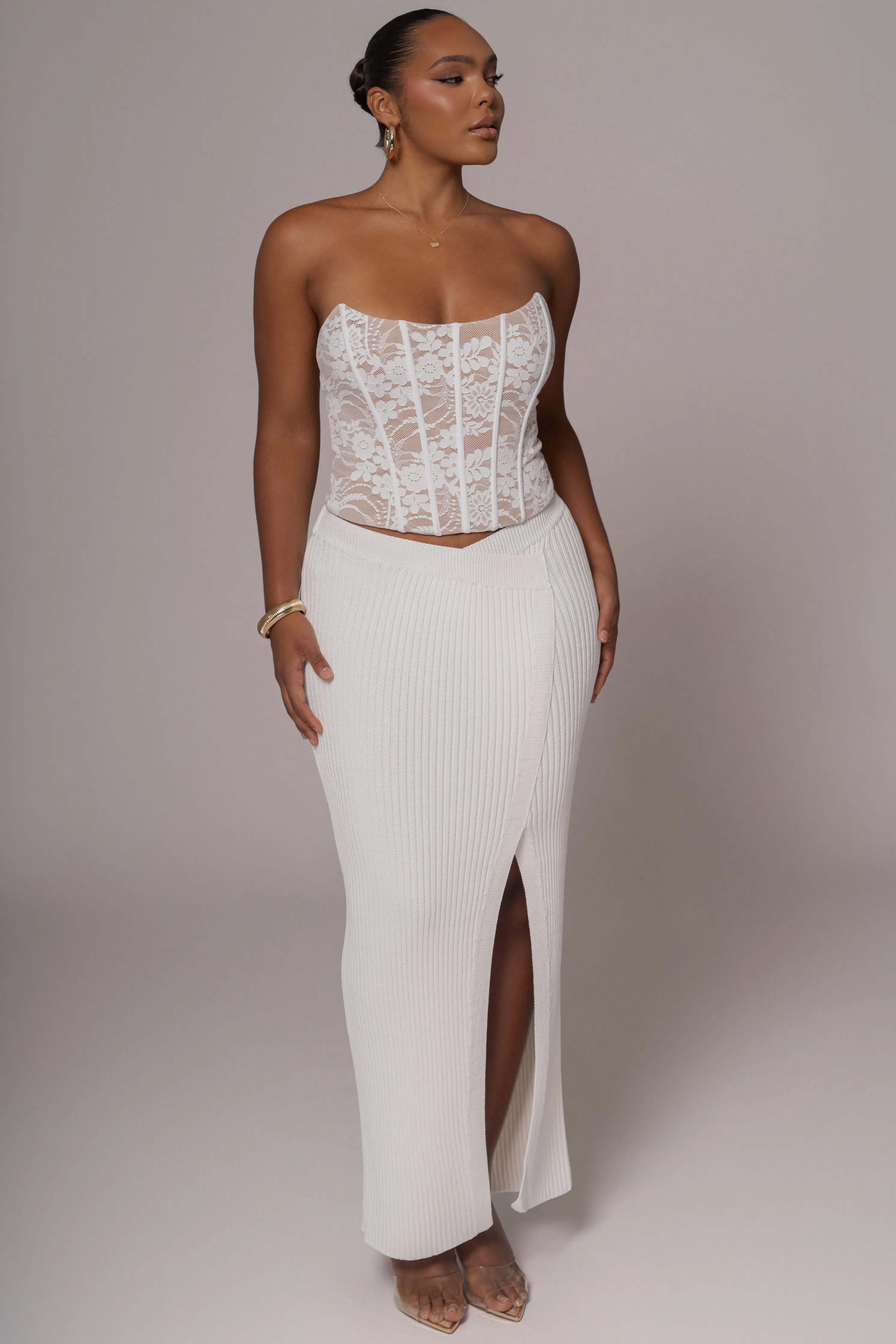 Ivory Hamptons Ribbed Slit Skirt