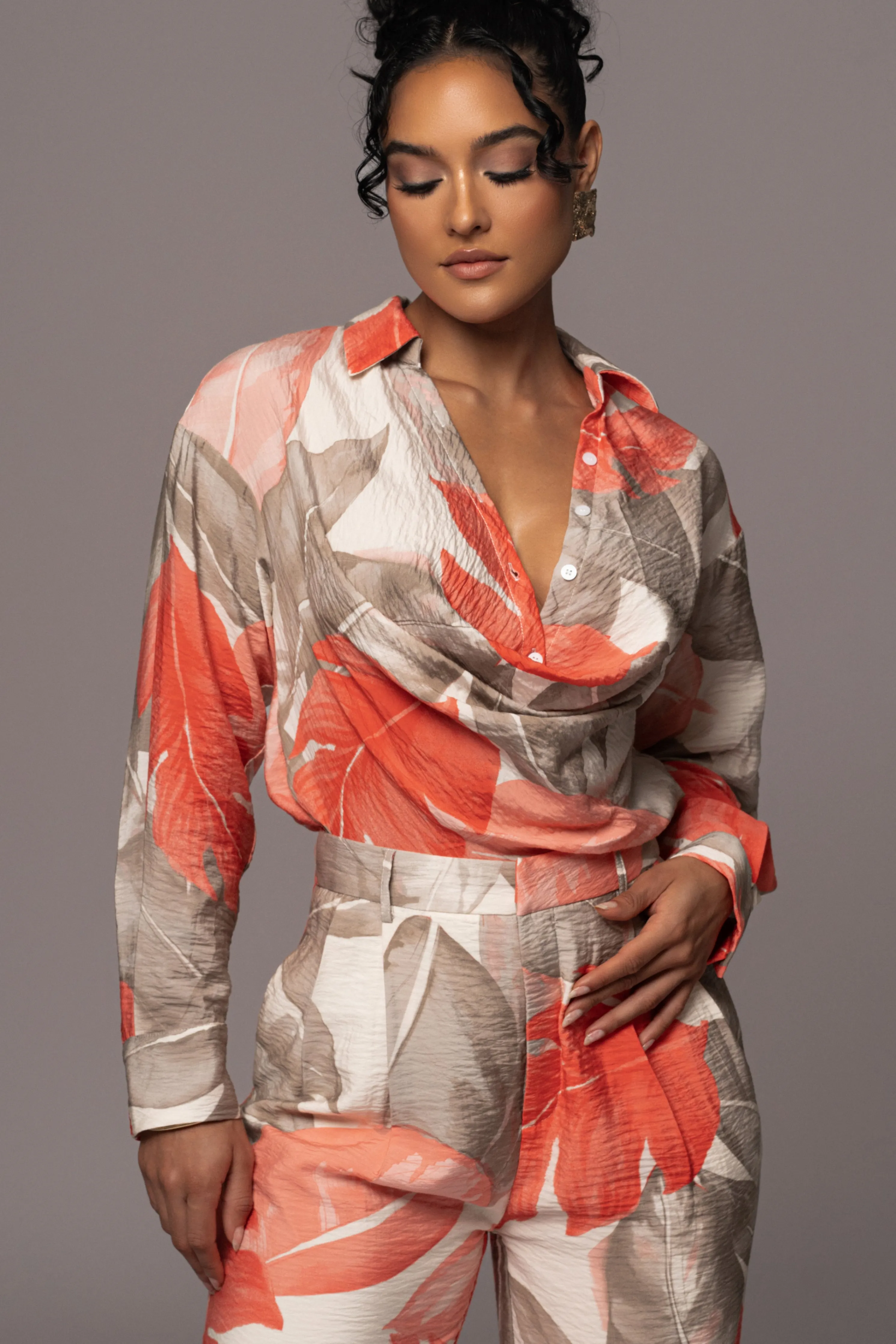 Ivory Palm Print Greta Collared Top