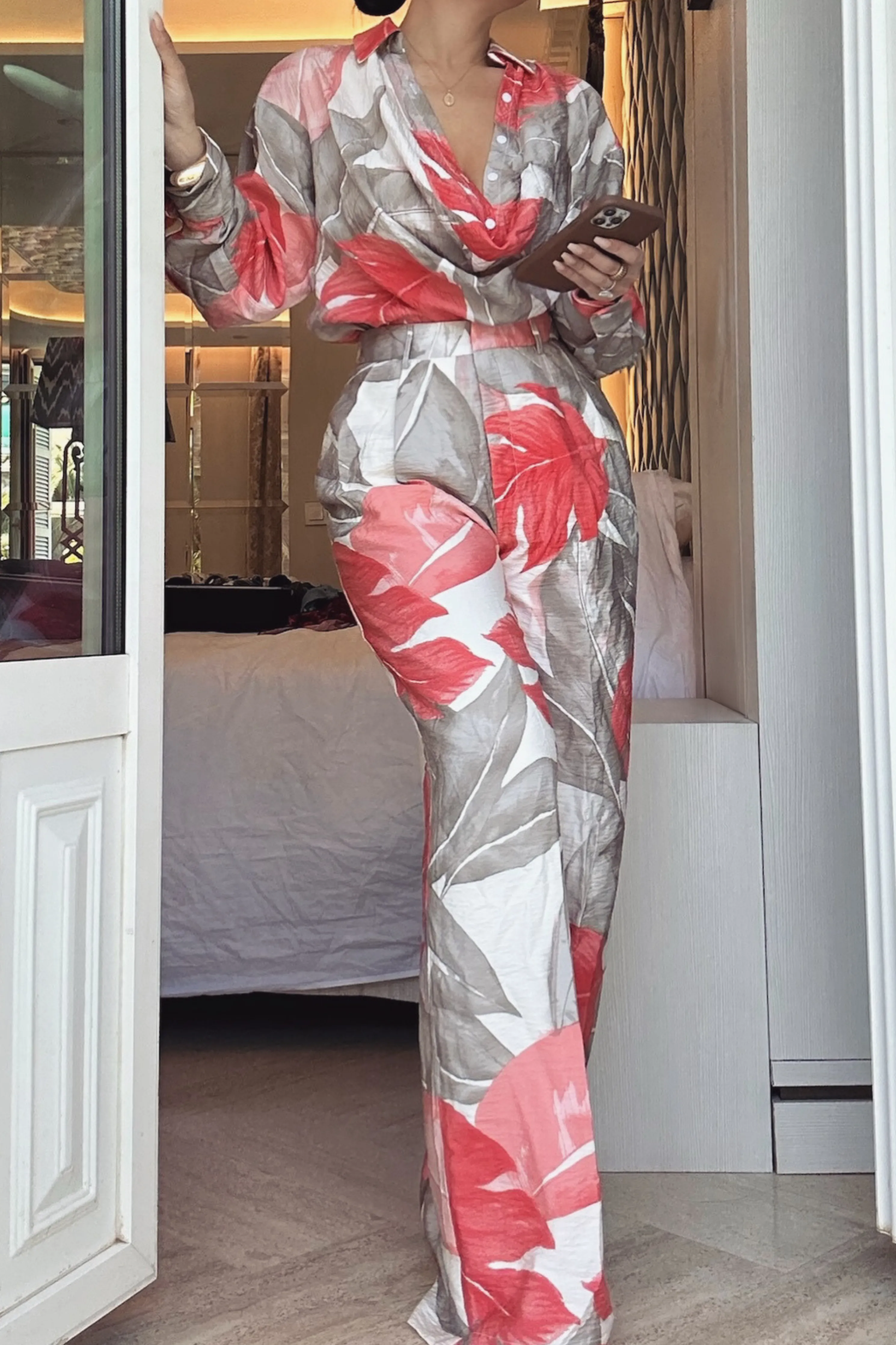 Ivory Palm Print Greta Collared Top