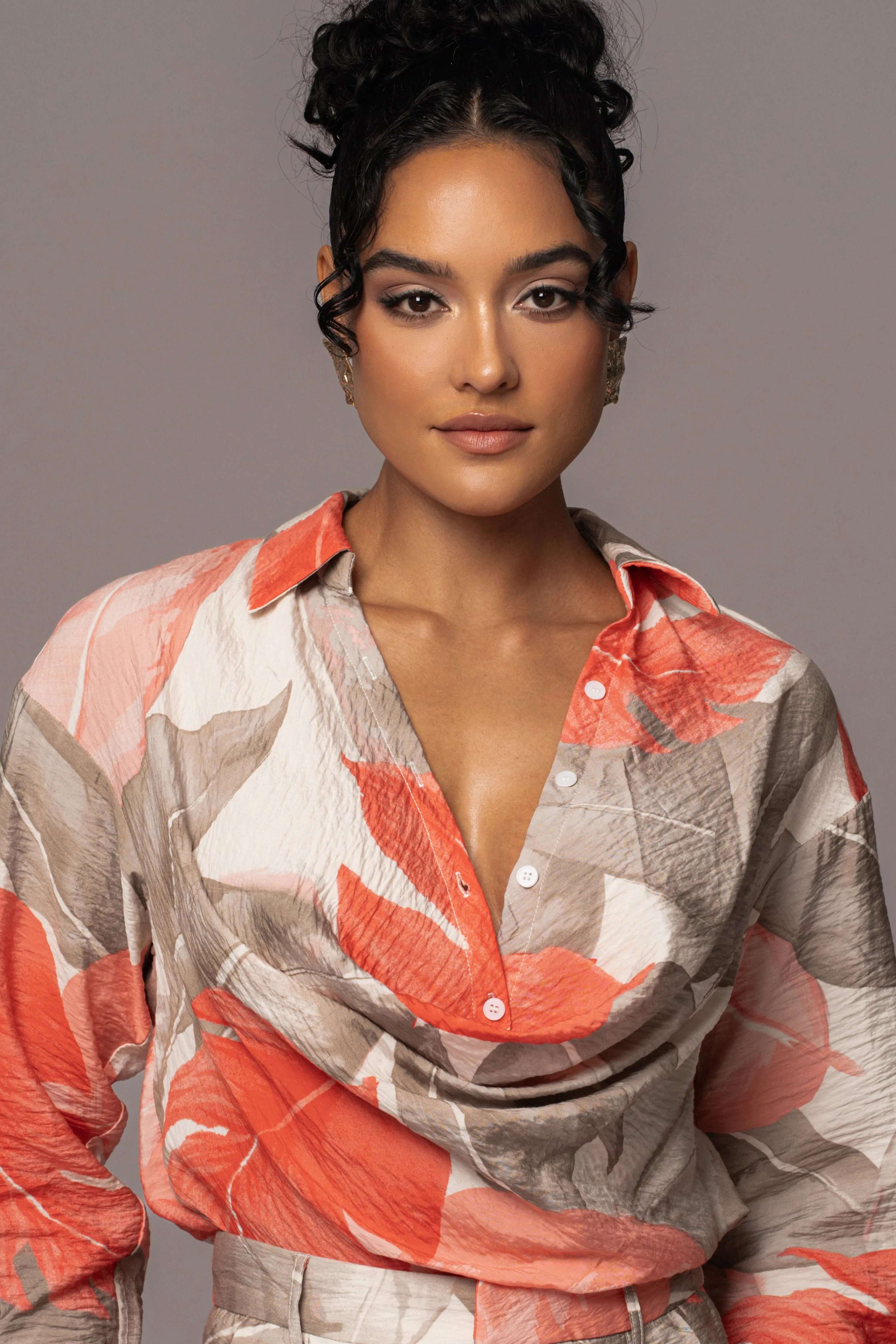 Ivory Palm Print Greta Collared Top