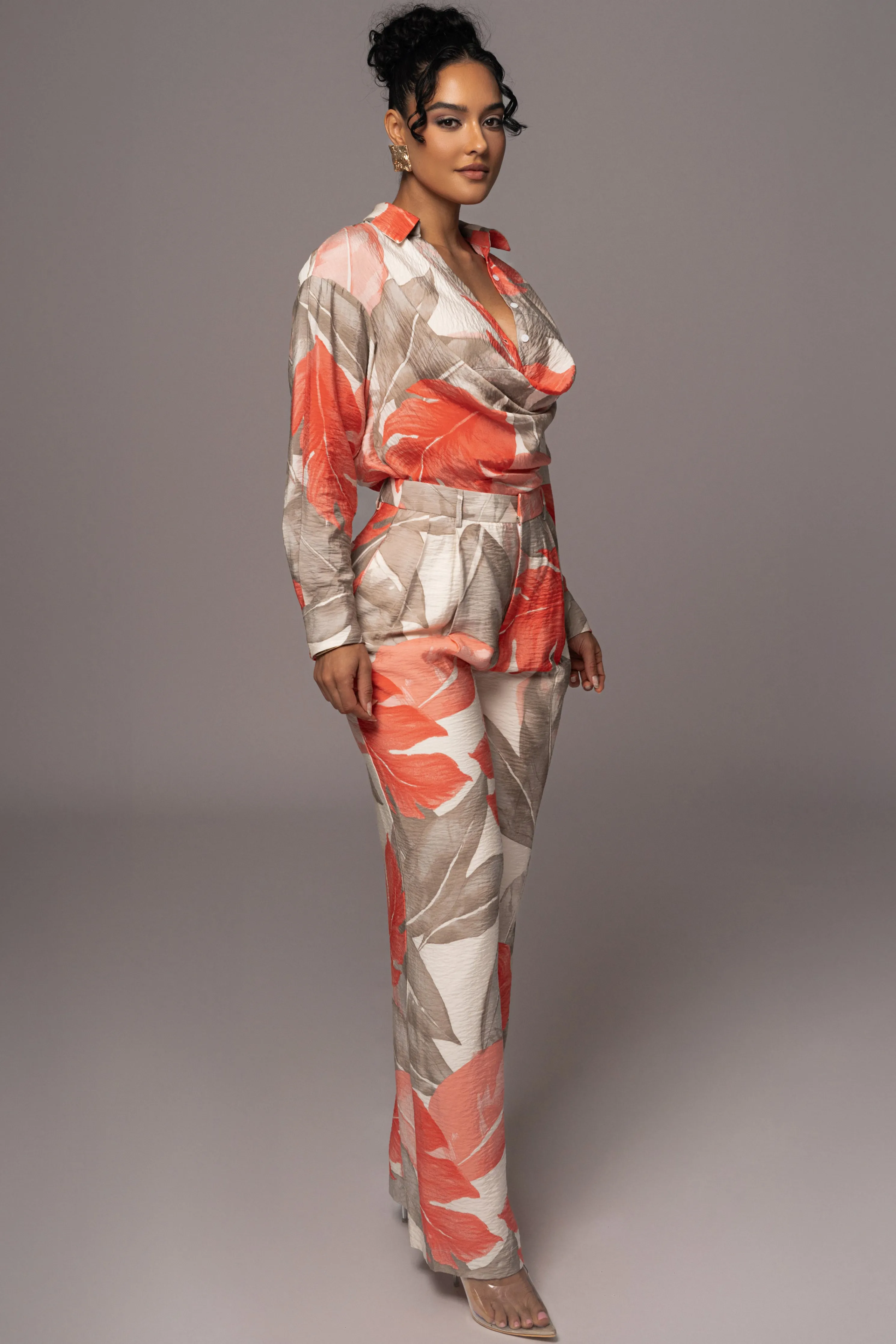 Ivory Palm Print Greta Collared Top