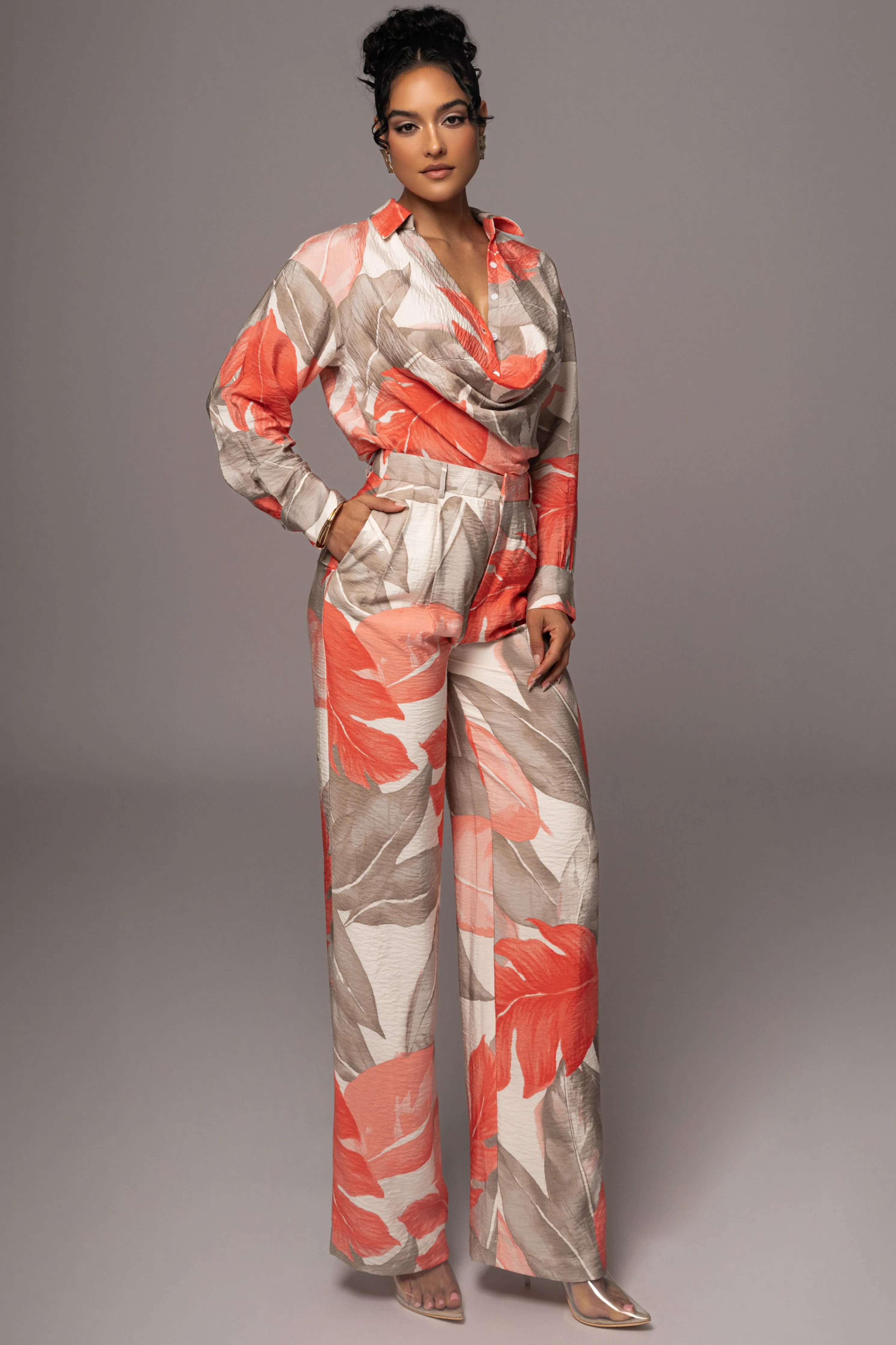 Ivory Palm Print Greta Collared Top