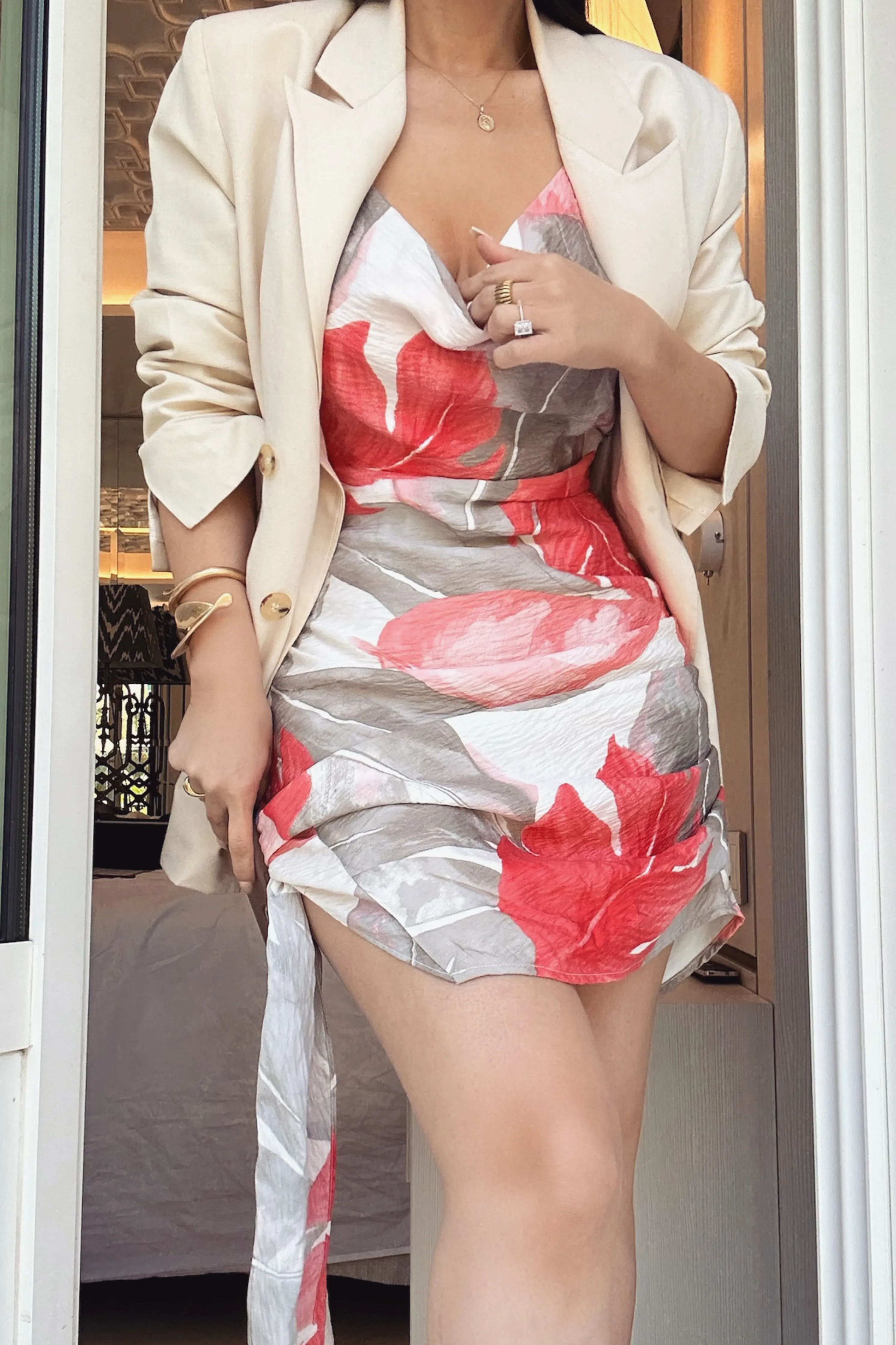 Ivory Palm Print Marise Drape Mini Dress