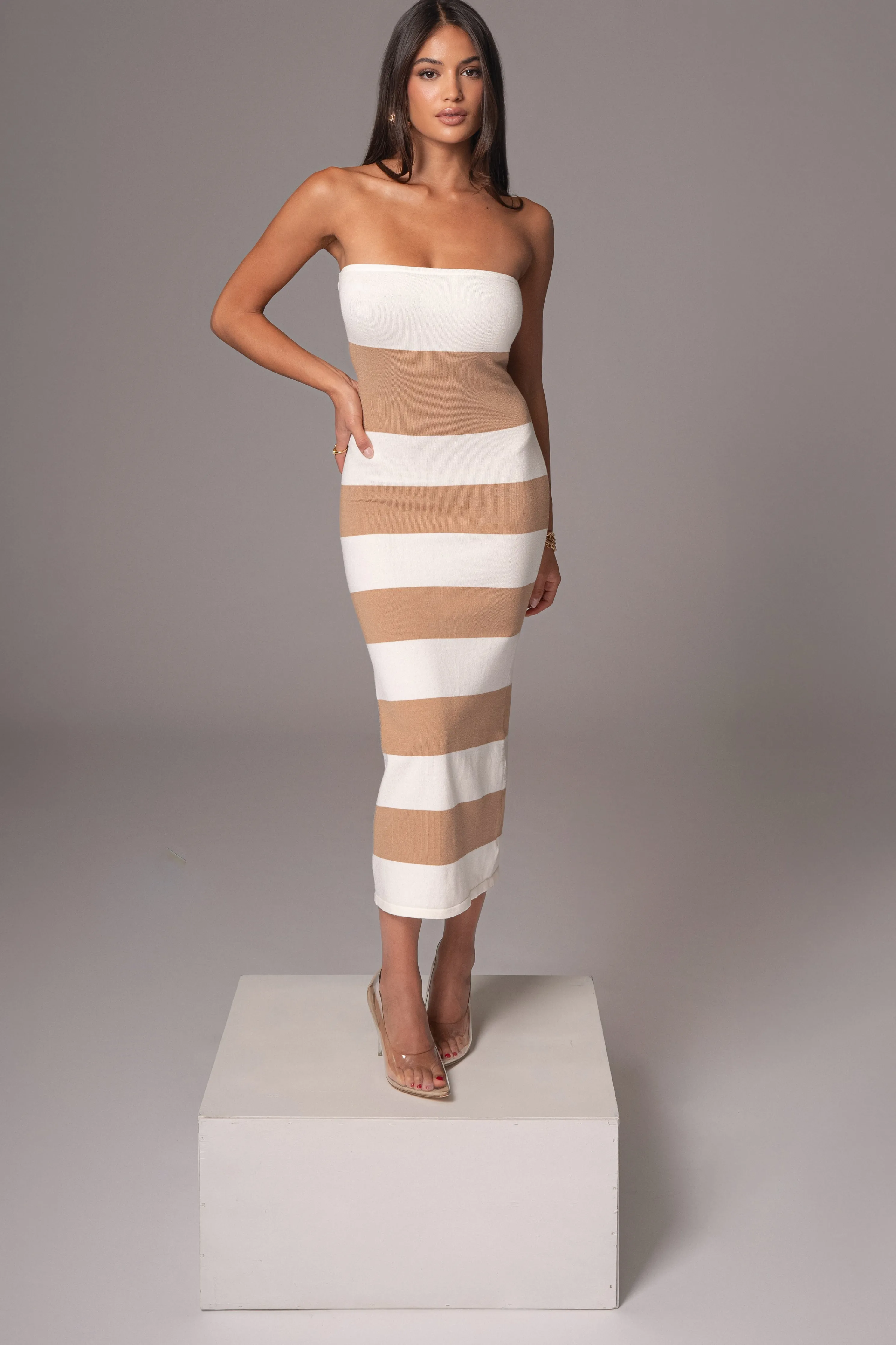 Ivory/Beige Striped Strapless Midi Dress