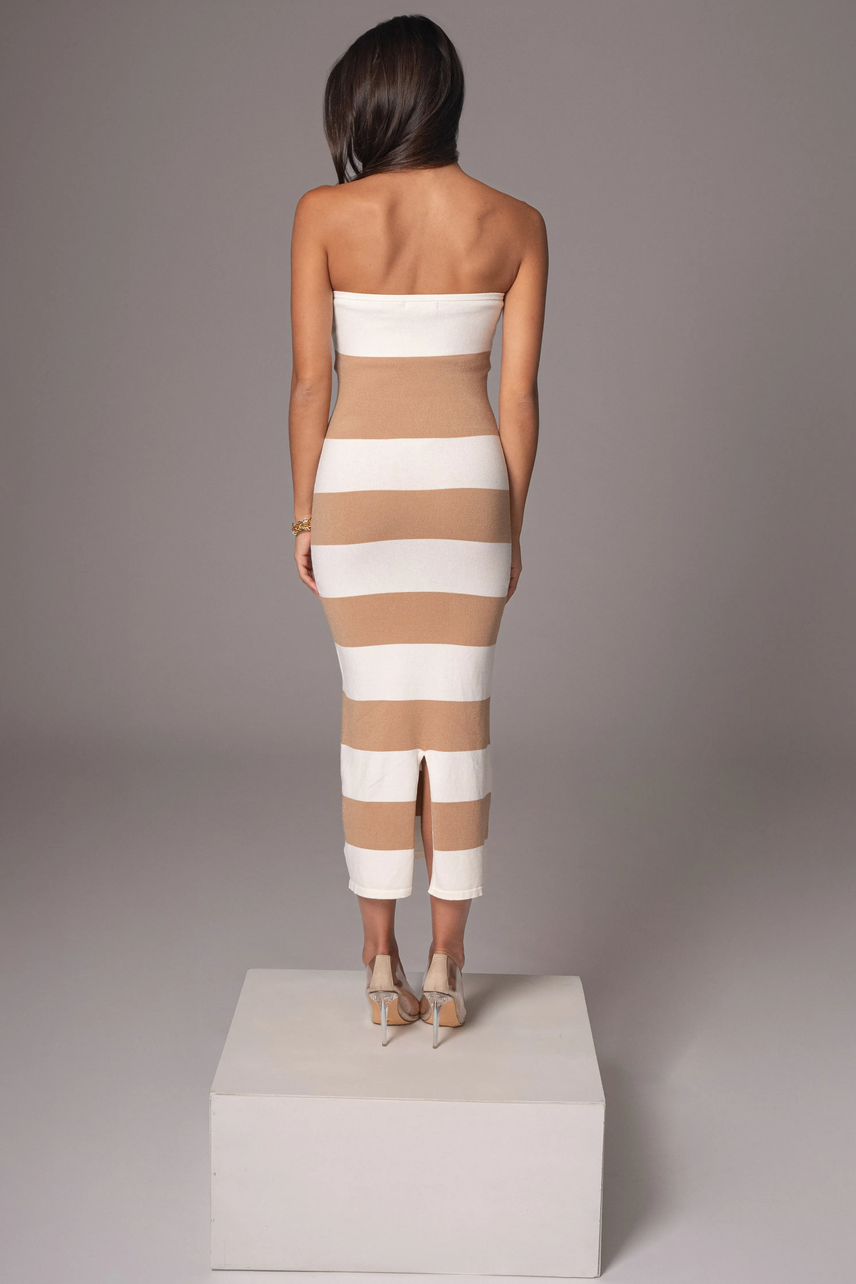 Ivory/Beige Striped Strapless Midi Dress