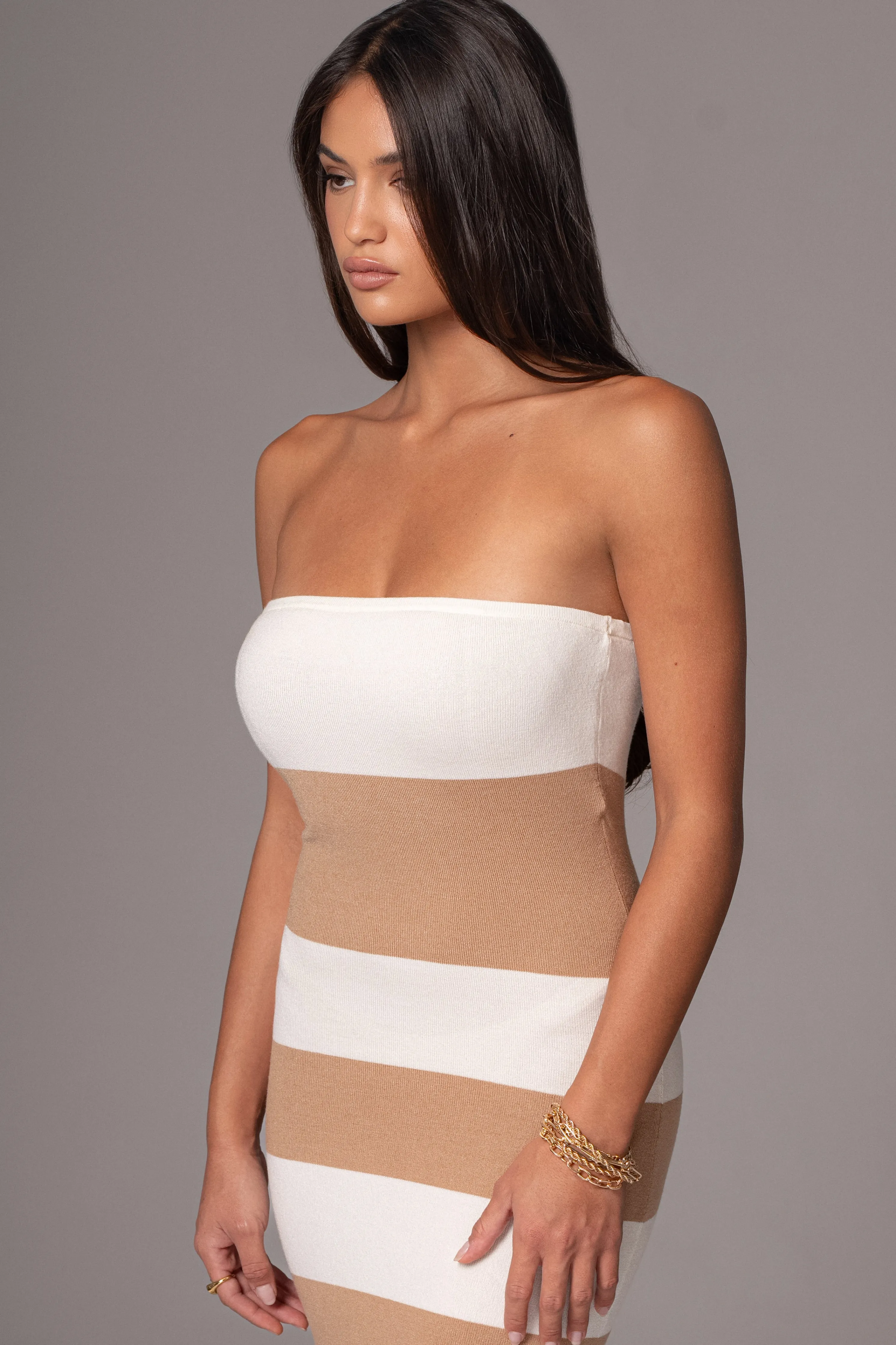 Ivory/Beige Striped Strapless Midi Dress