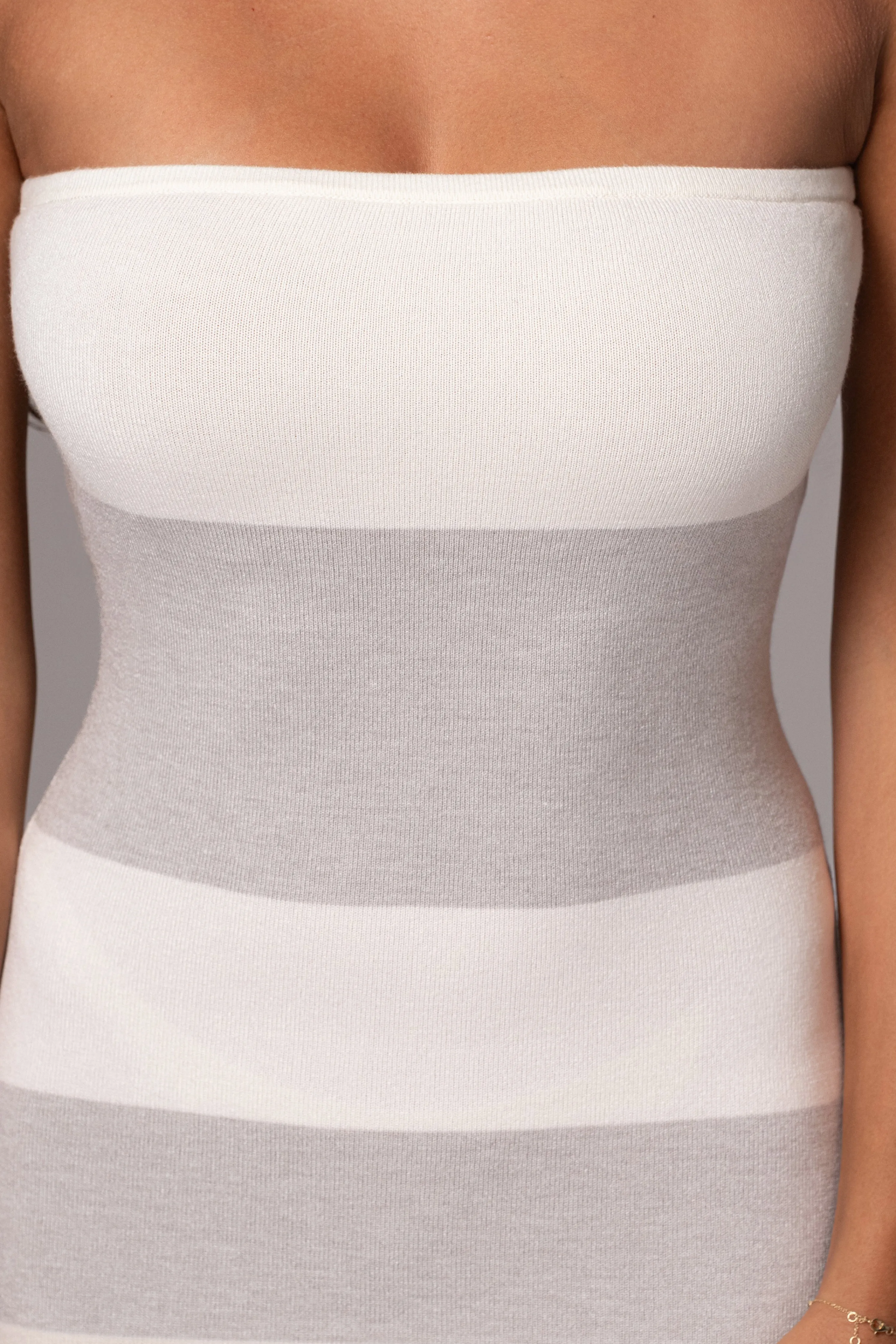 Ivory/Heather Grey Striped Strapless Midi Dress