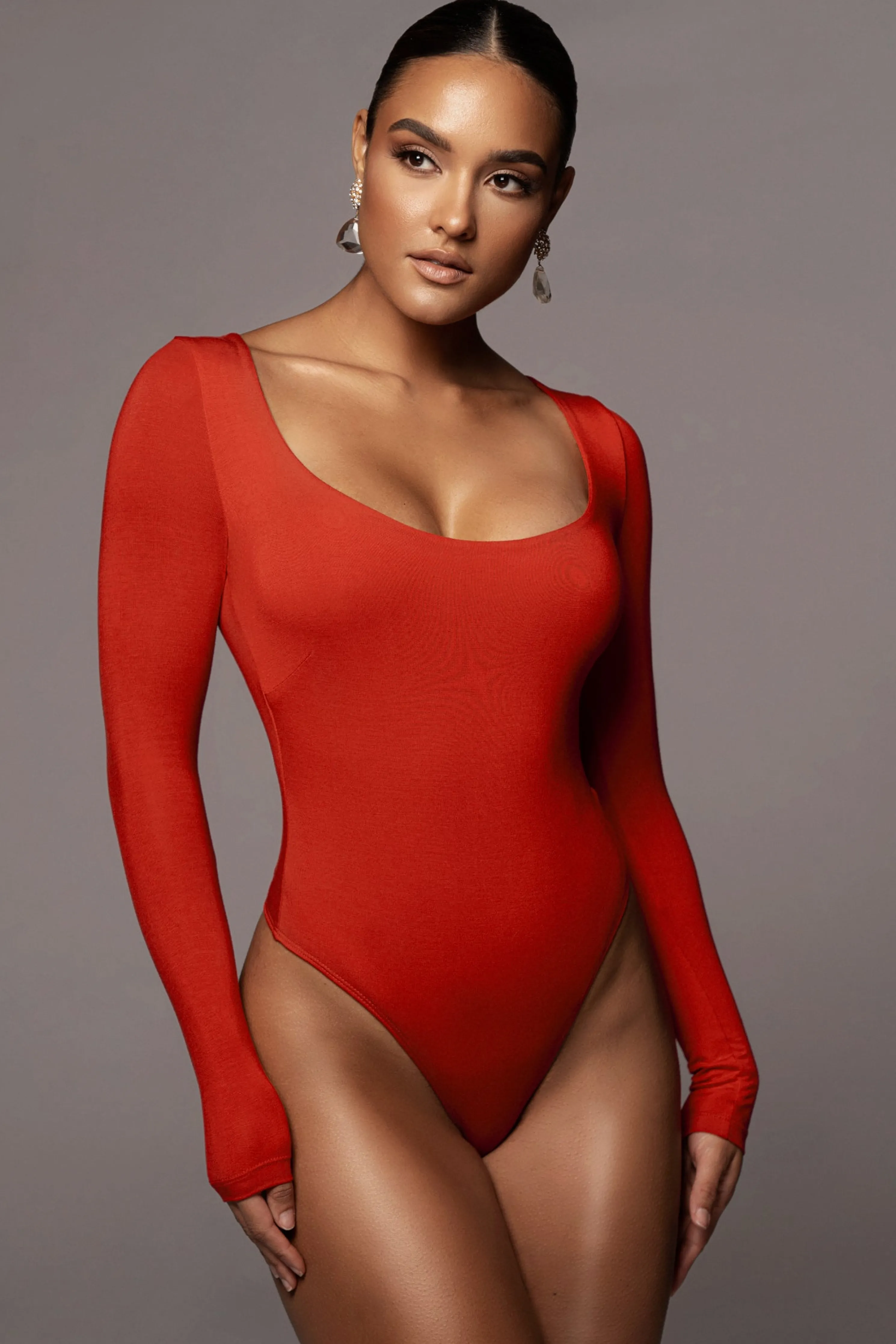 Jluxbasix Red Bethie Scoop Long Sleeve Bodysuit