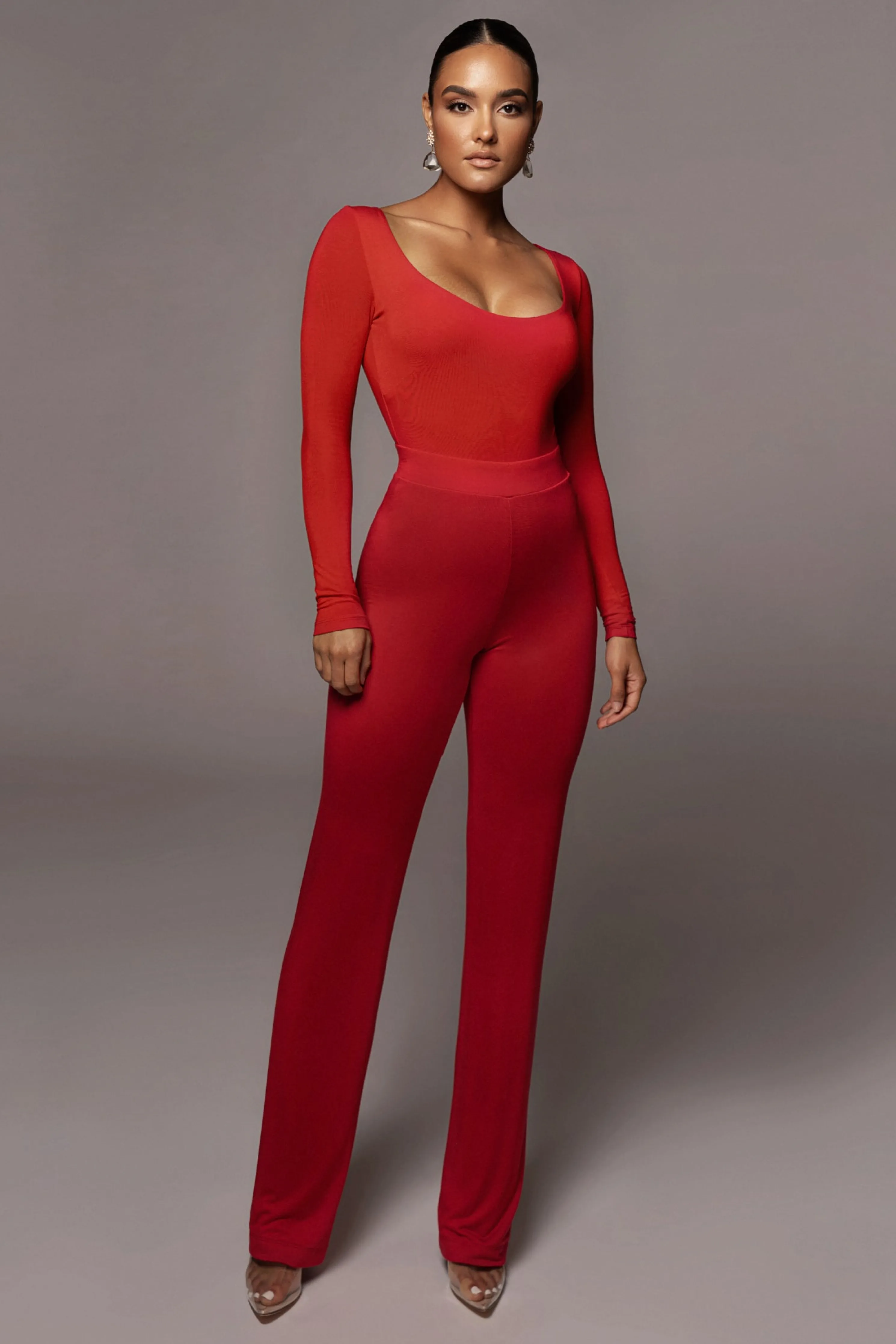 Jluxbasix Red Bethie Scoop Long Sleeve Bodysuit