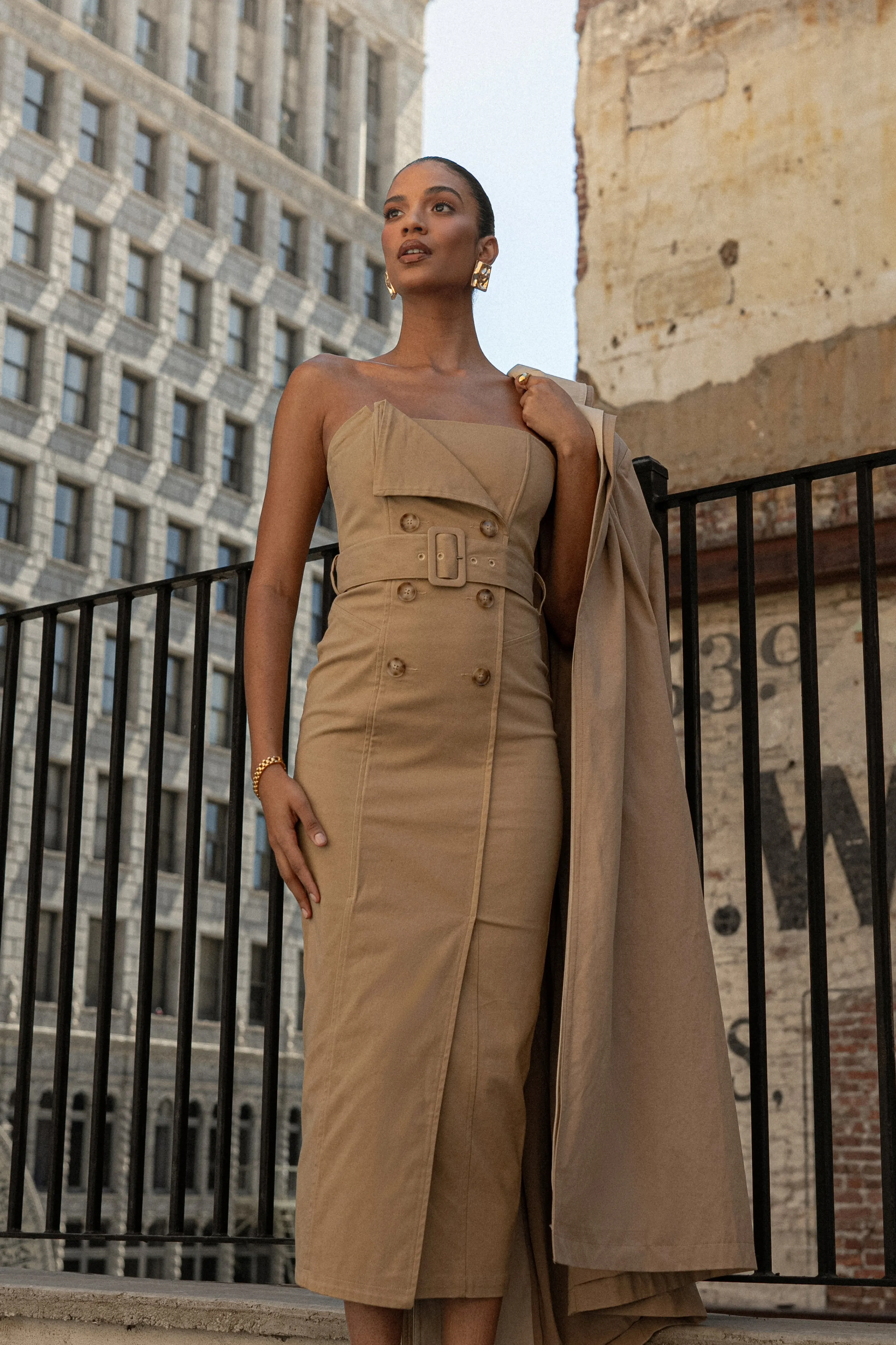 Khaki Asymmetric Belted Midi Dress