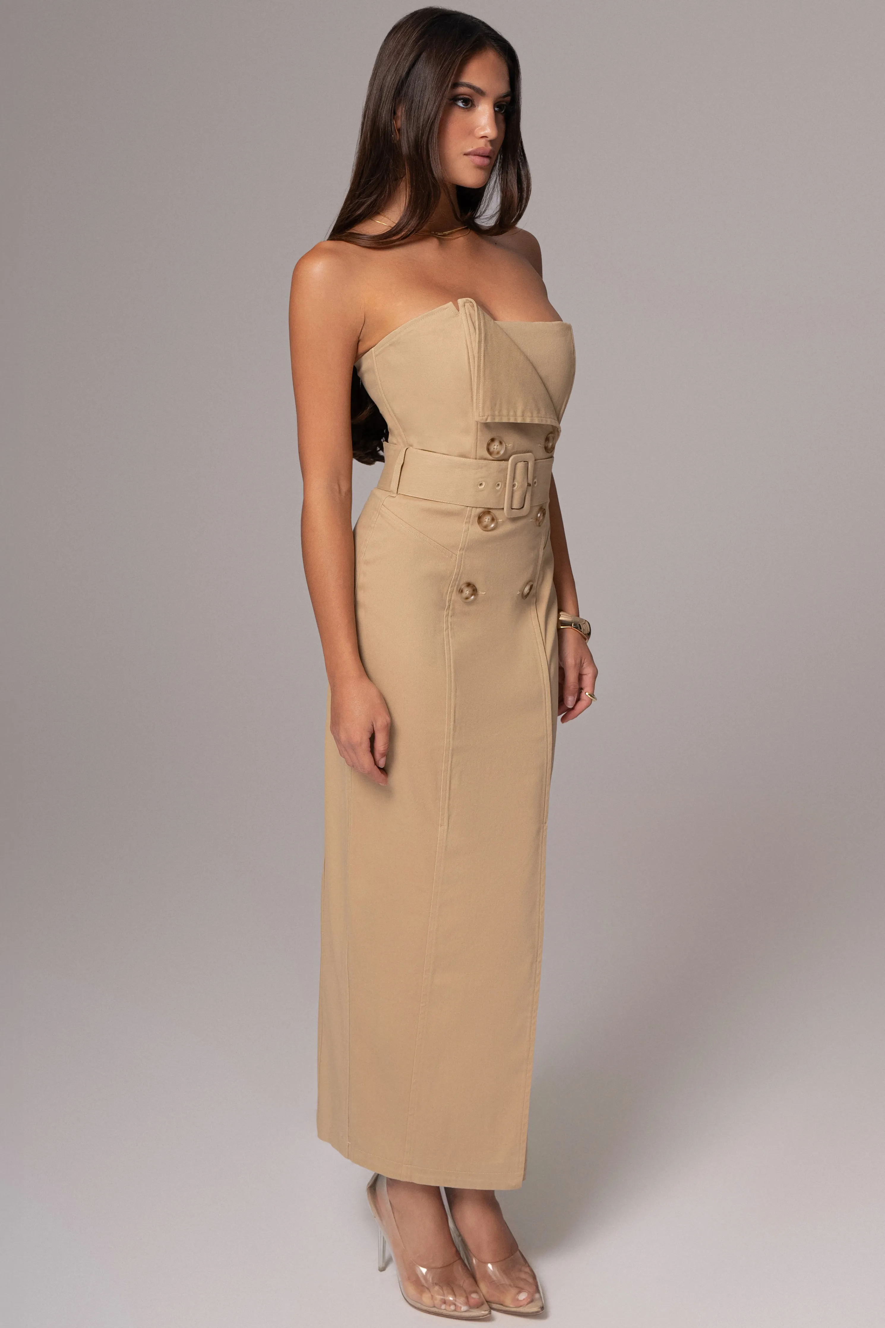 Khaki Asymmetric Belted Midi Dress