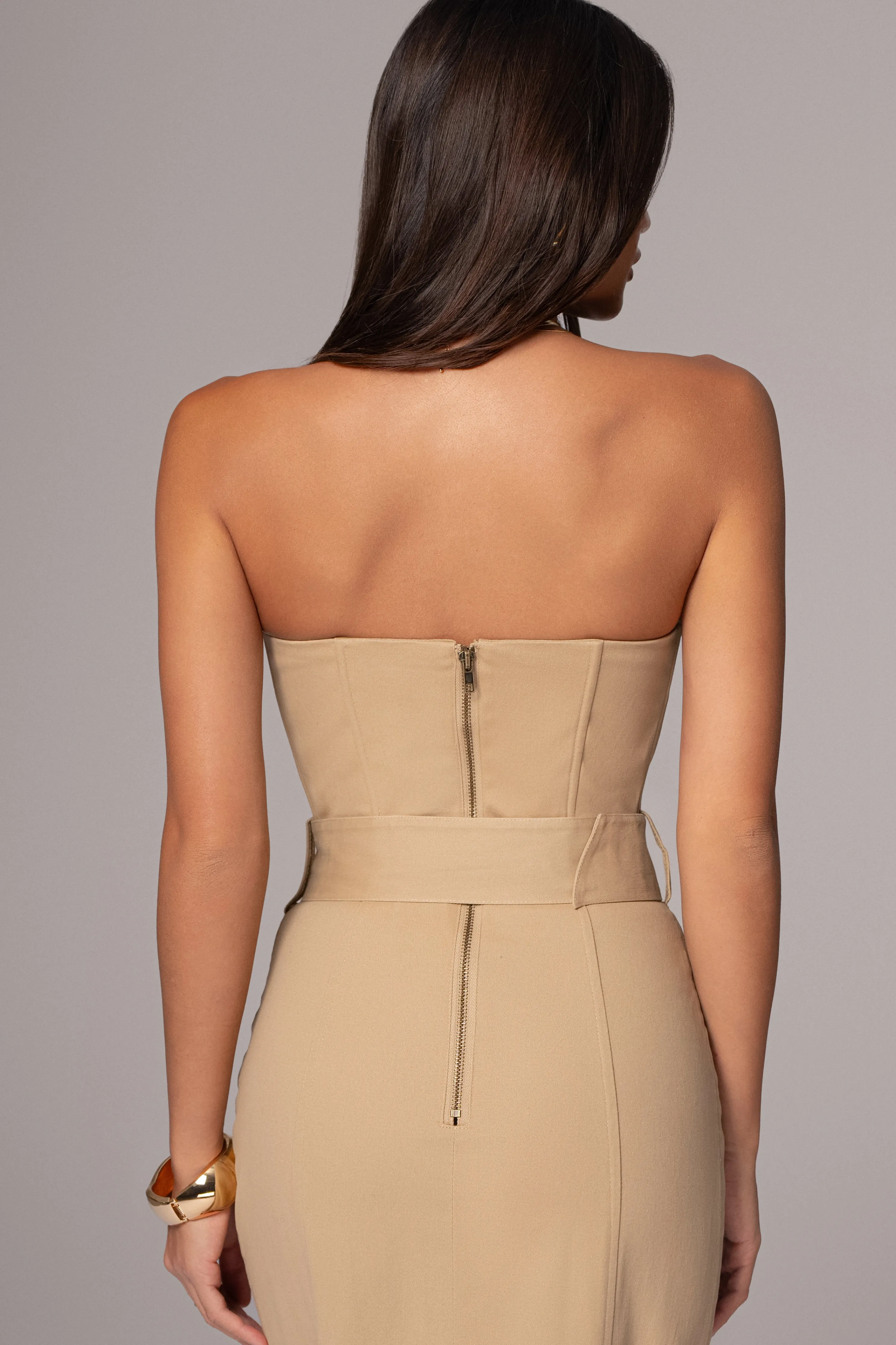 Khaki Asymmetric Belted Midi Dress