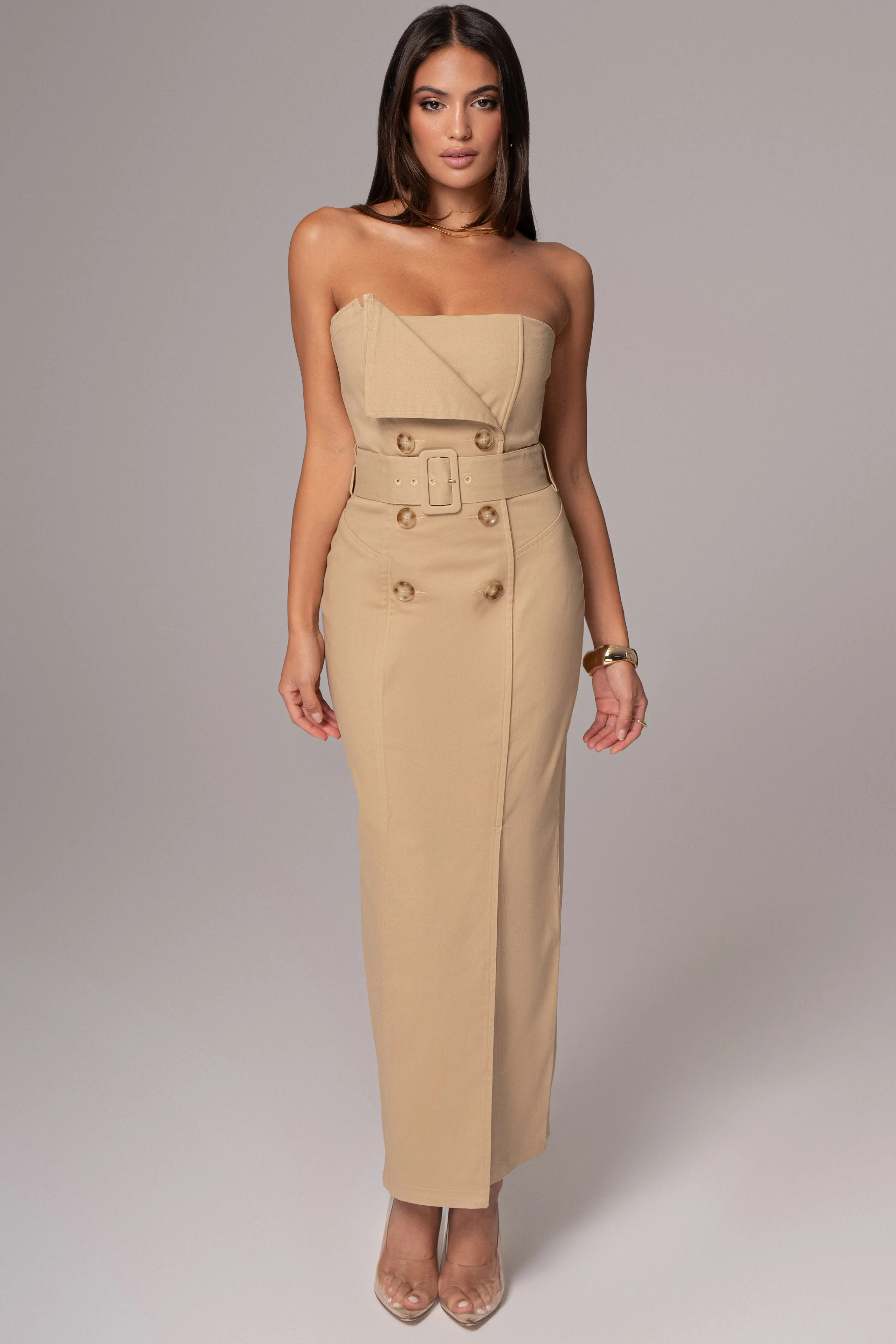 Khaki Asymmetric Belted Midi Dress