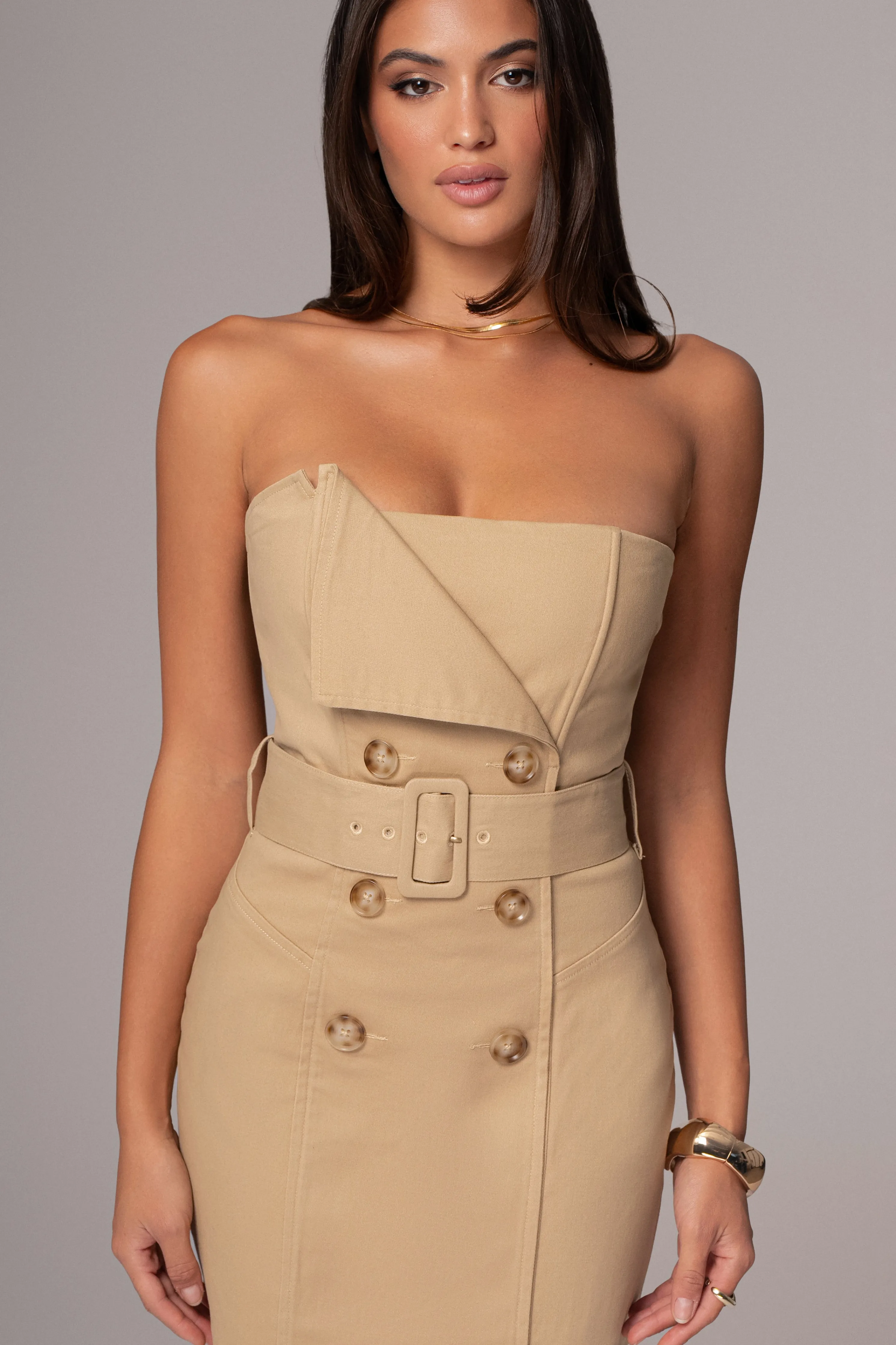 Khaki Asymmetric Belted Midi Dress