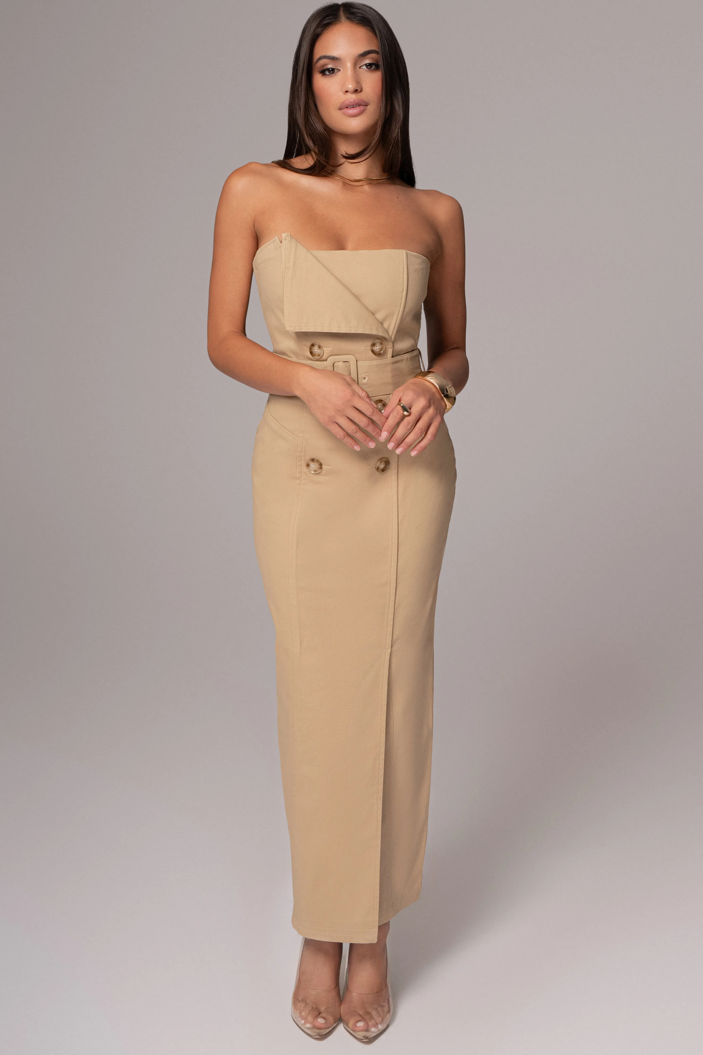 Khaki Asymmetric Belted Midi Dress