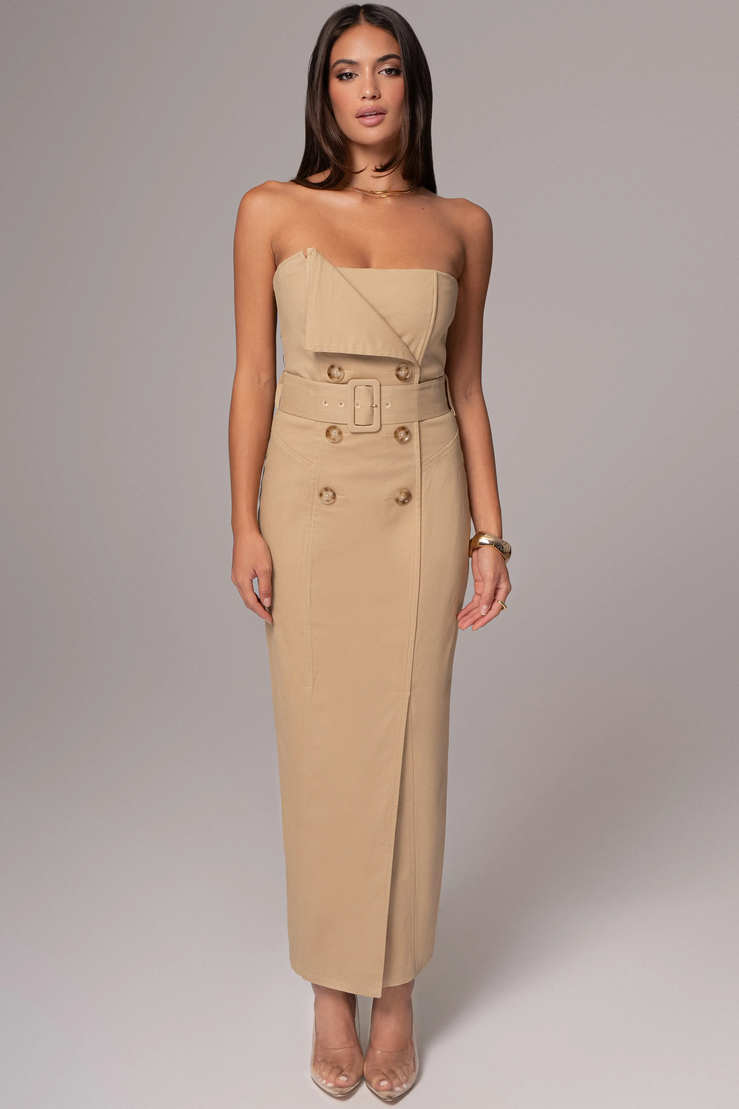Khaki Asymmetric Belted Midi Dress
