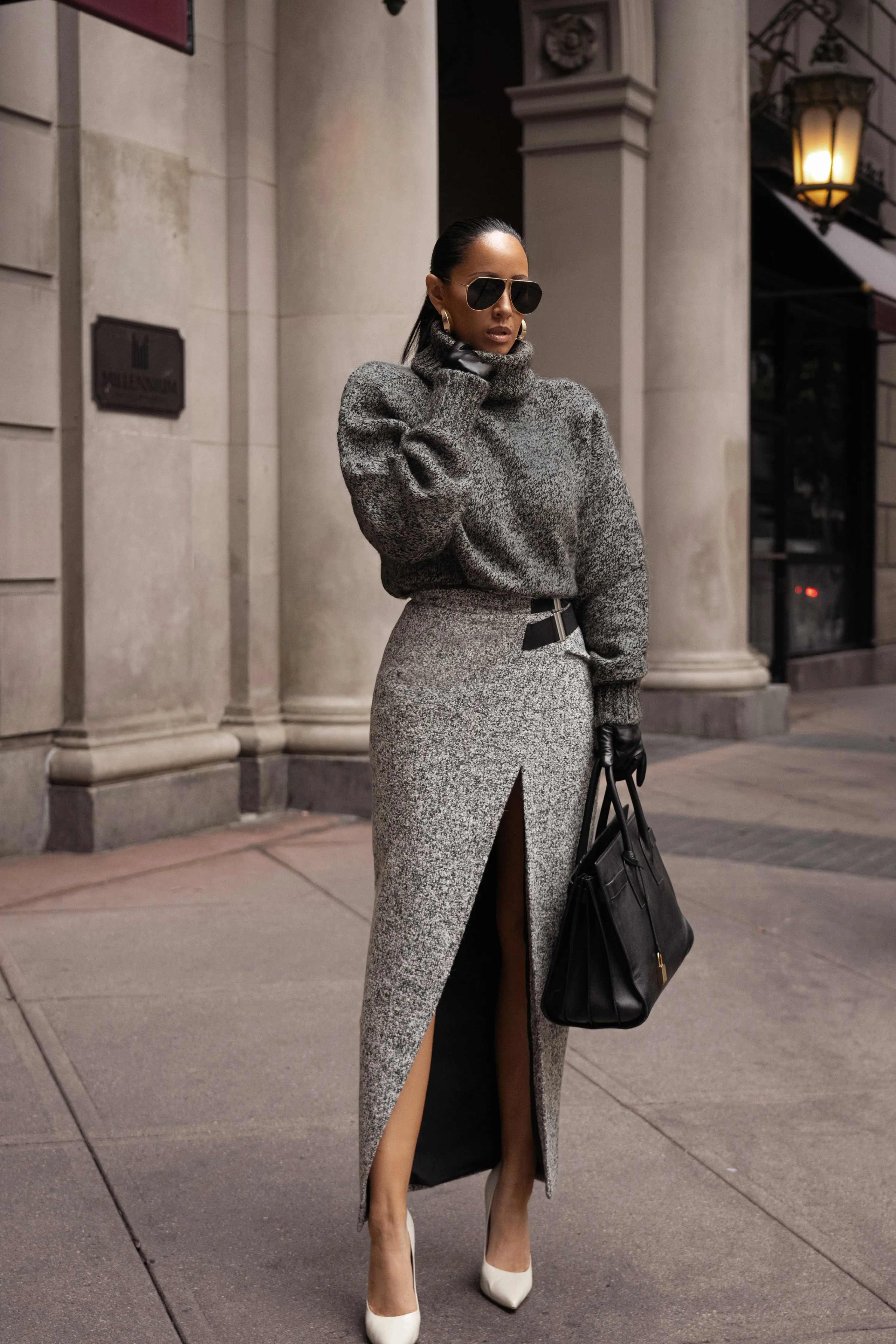 Lt. Grey Gisele Tweed Slit Skirt