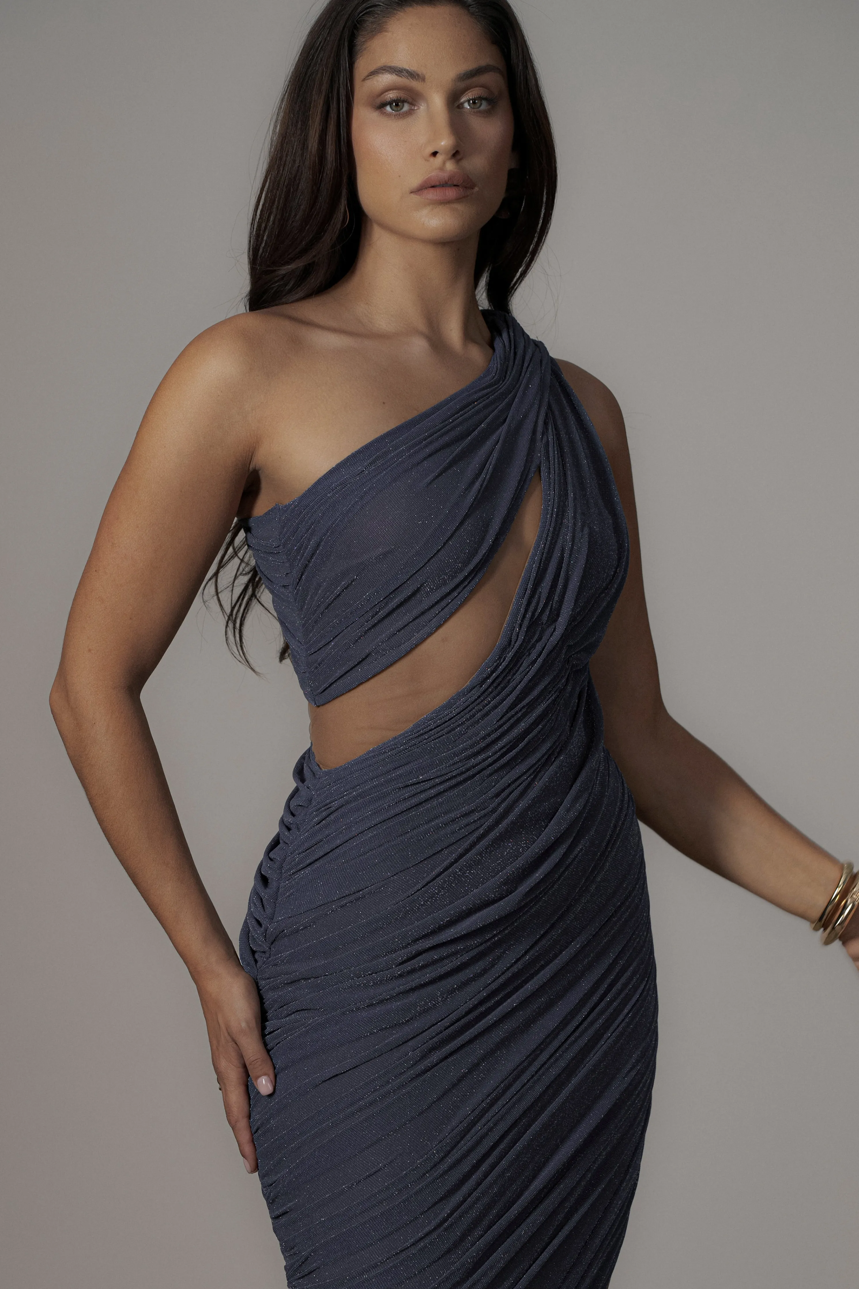 Midnight Blue Aura Shimmer Midi Dress