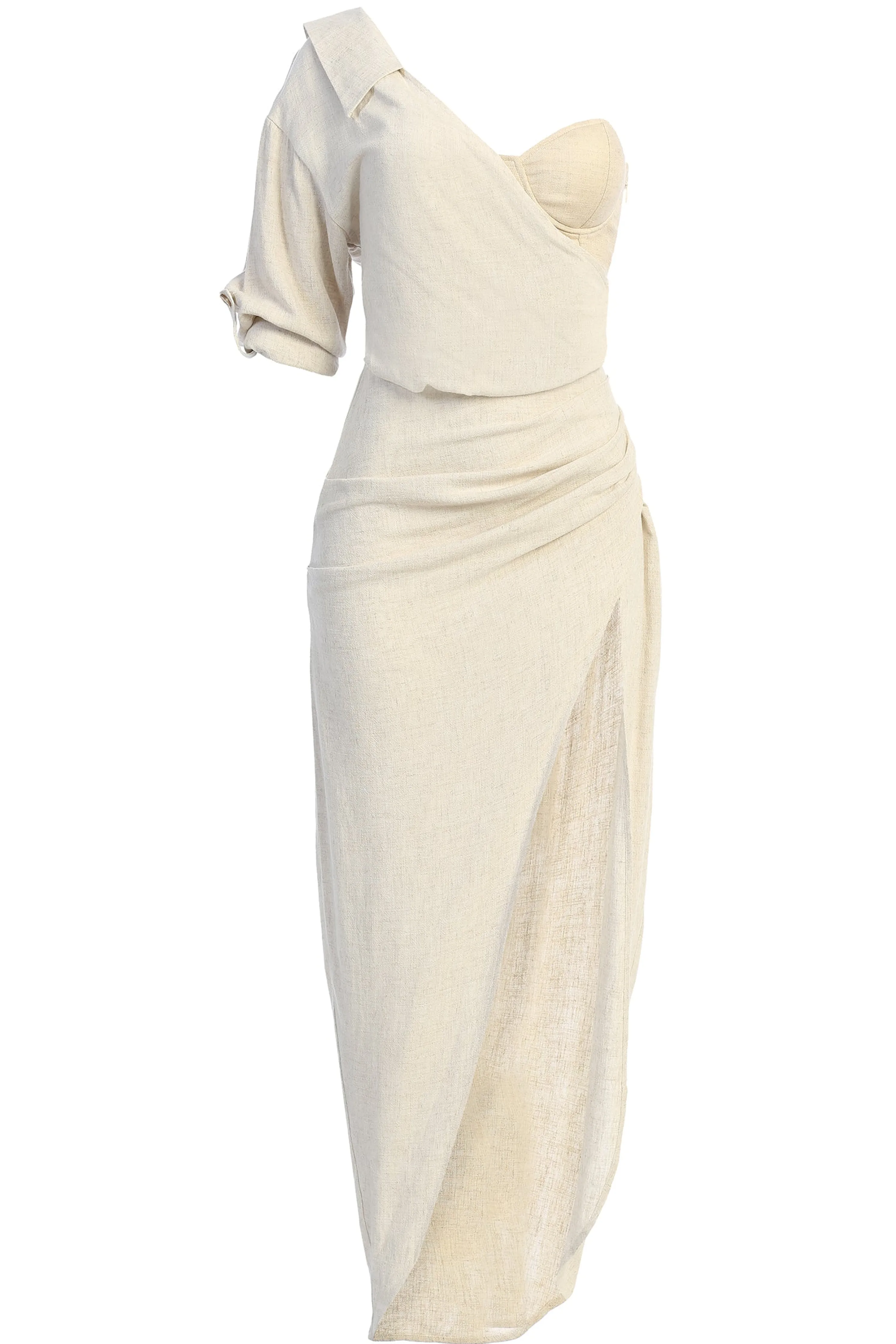 Natural Evita Linen Draped Dress